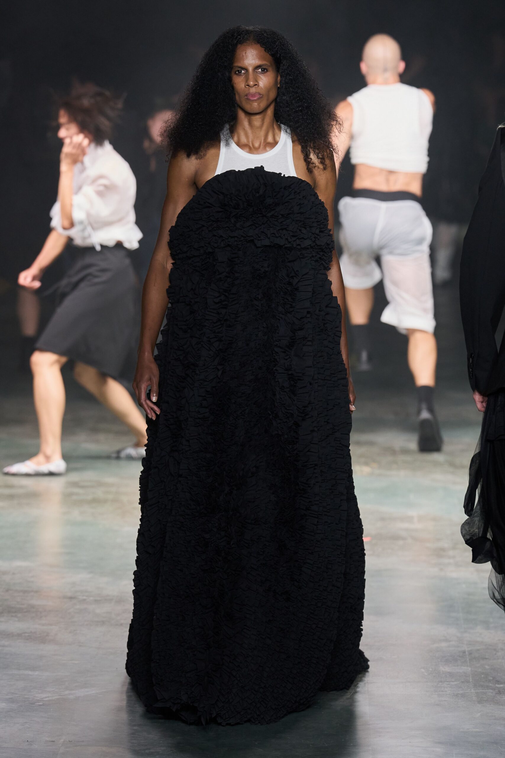 black ruffled textured evening gown