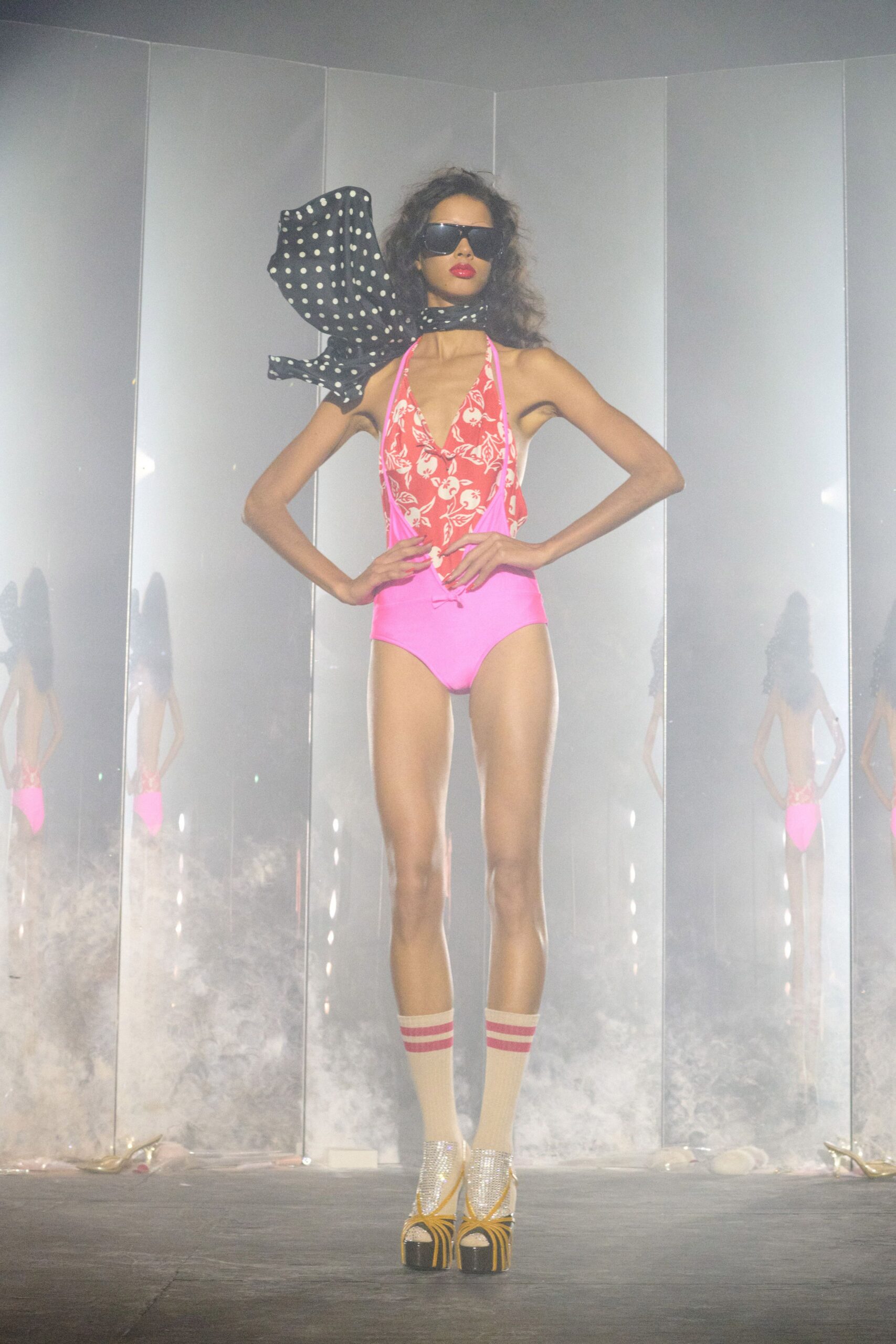 pink halter low-cut fitted printed swimsuit
