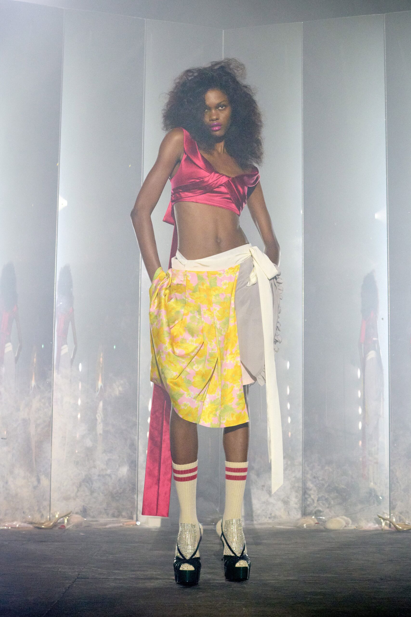 yellow wrap floral draped flowing mini skirt