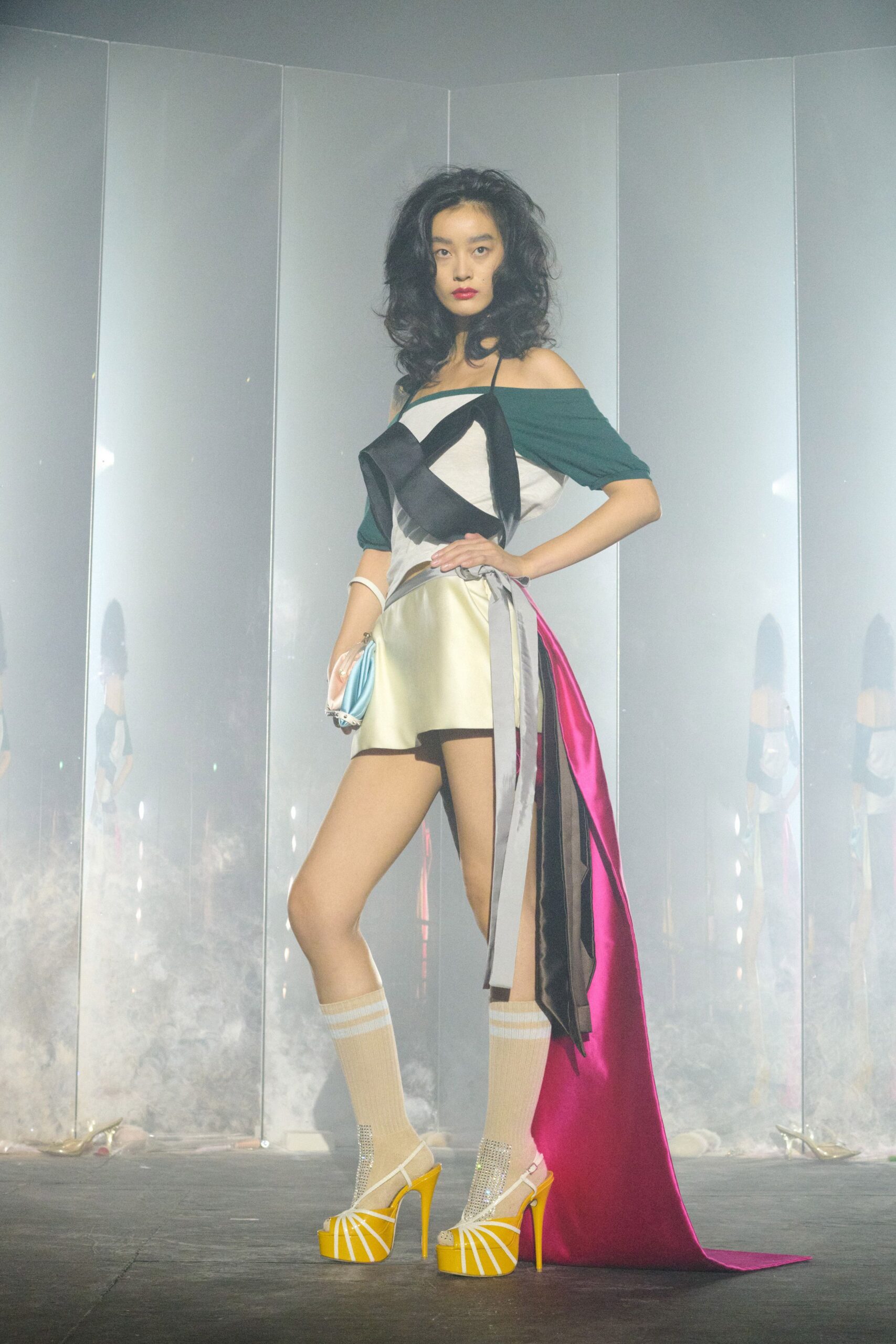 multi satin off-shoulder short-sleeve fitted color-blocked draped dress