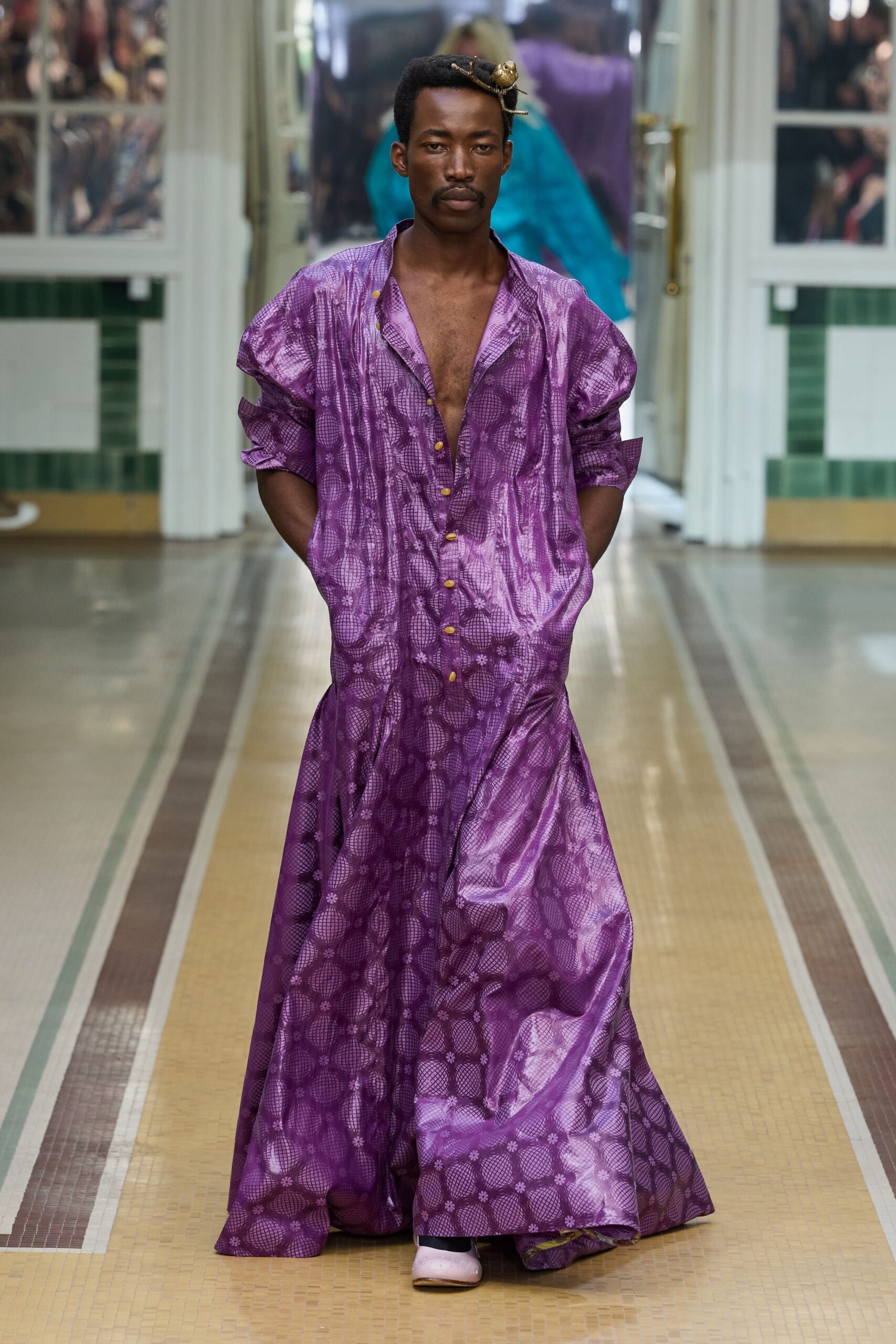 purple printed caftan-style maxi dress