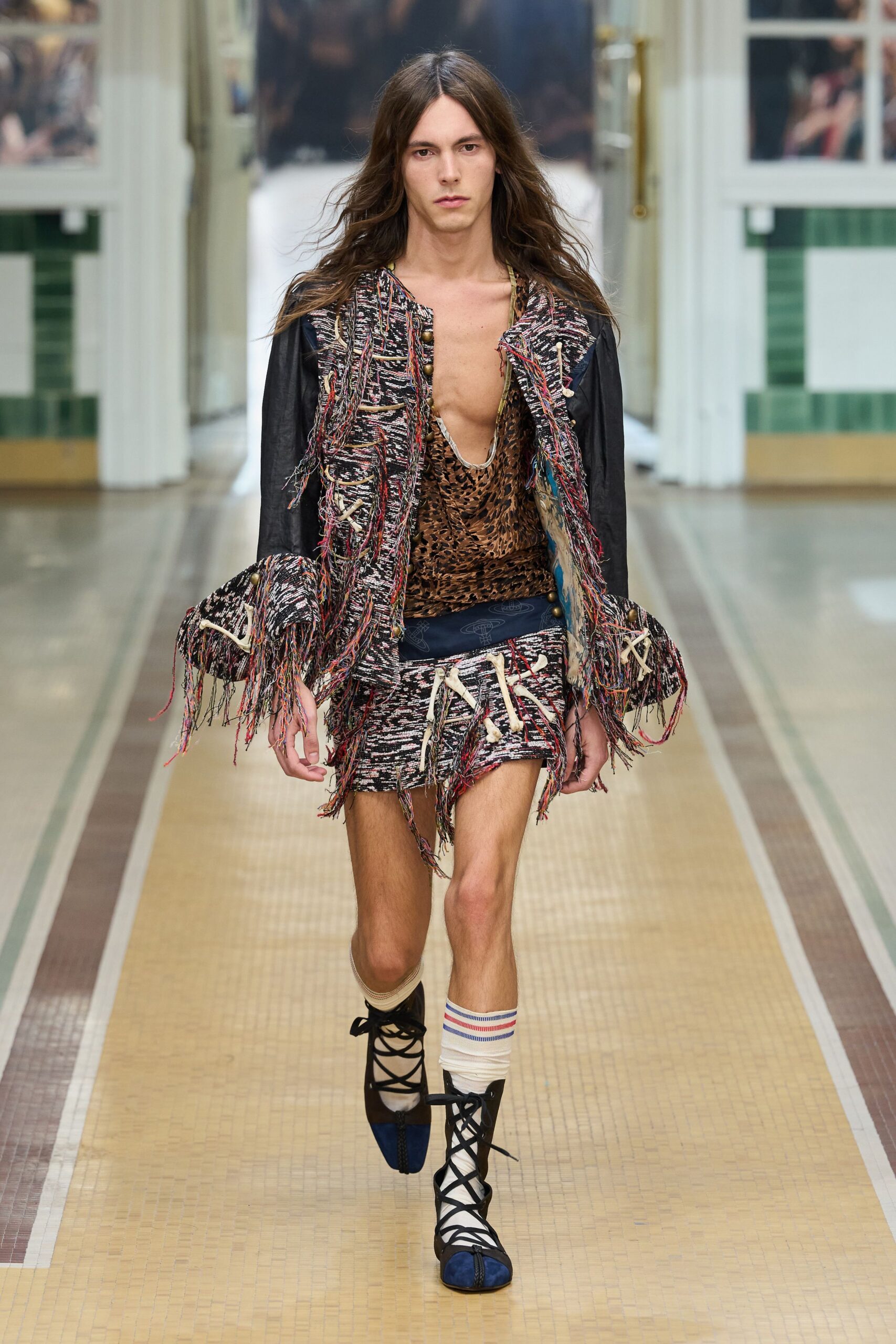 bone-trimmed fringed tweed jacket