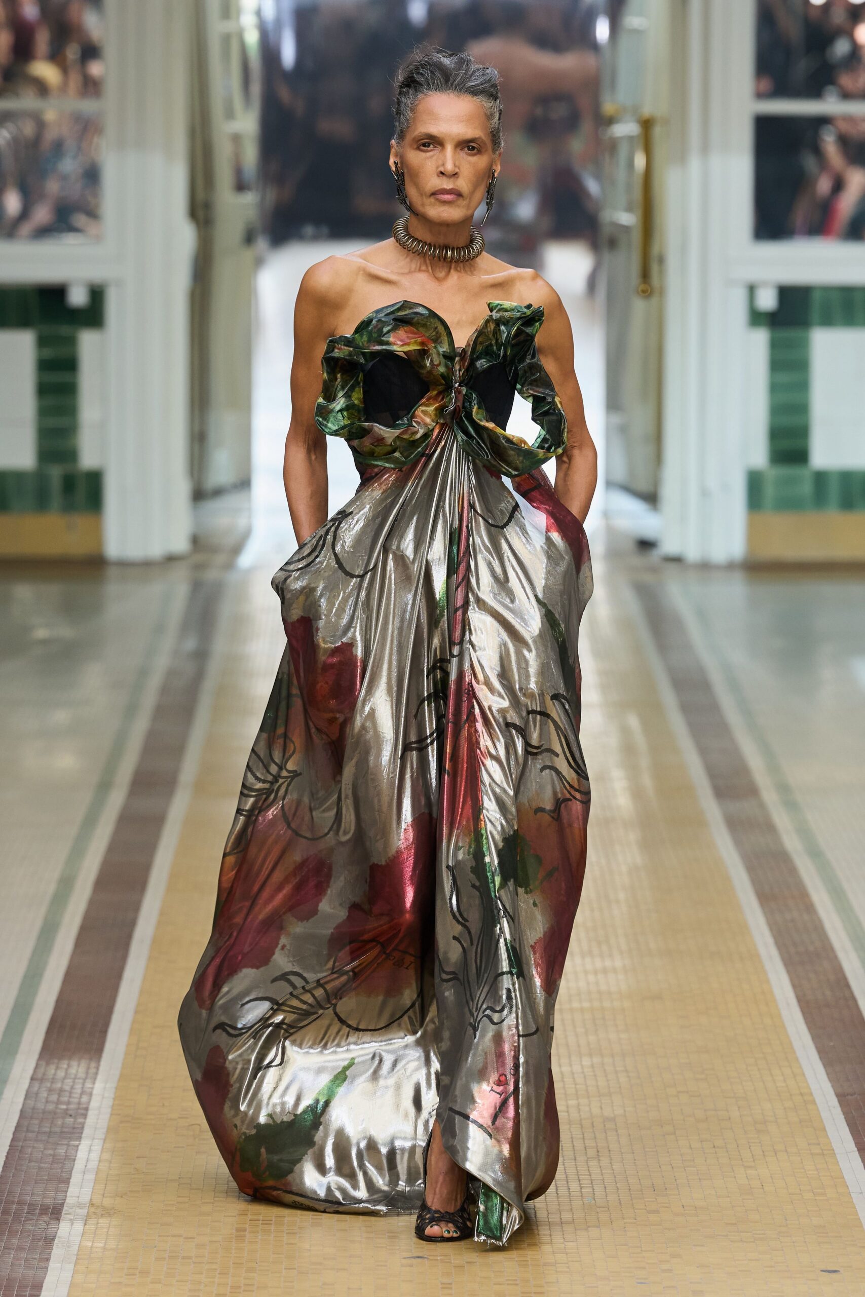 strapless metallic printed evening gown