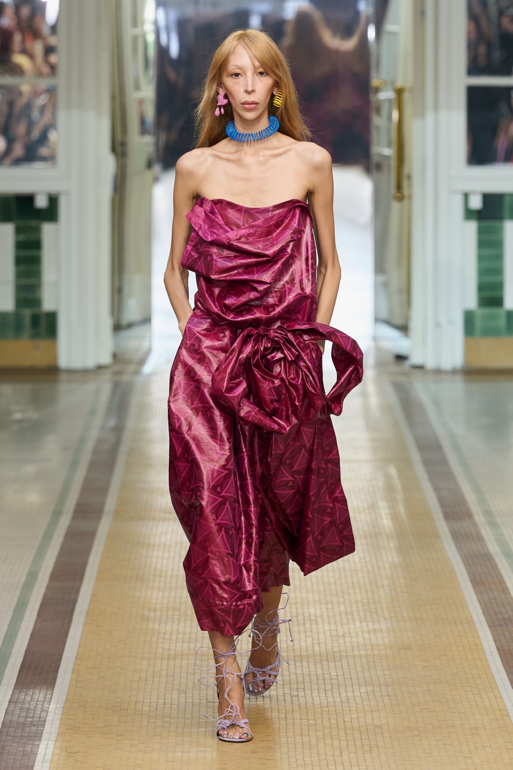 strapless draped satin midi dress