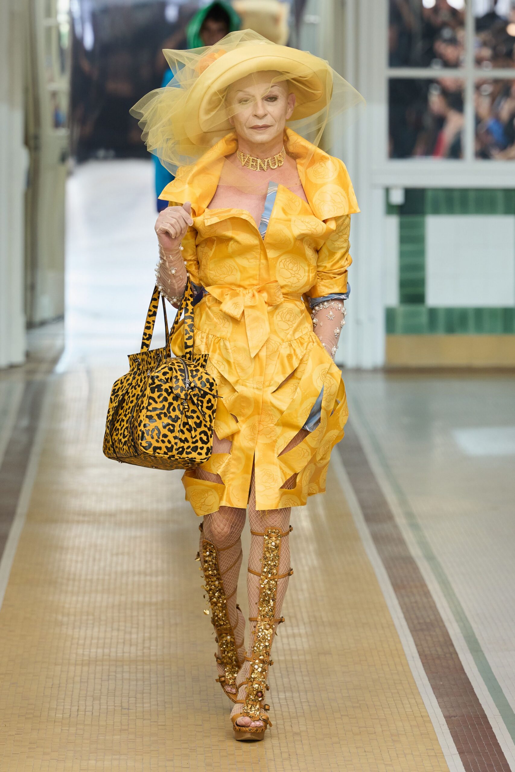 yellow rose jacquard cutout dress
