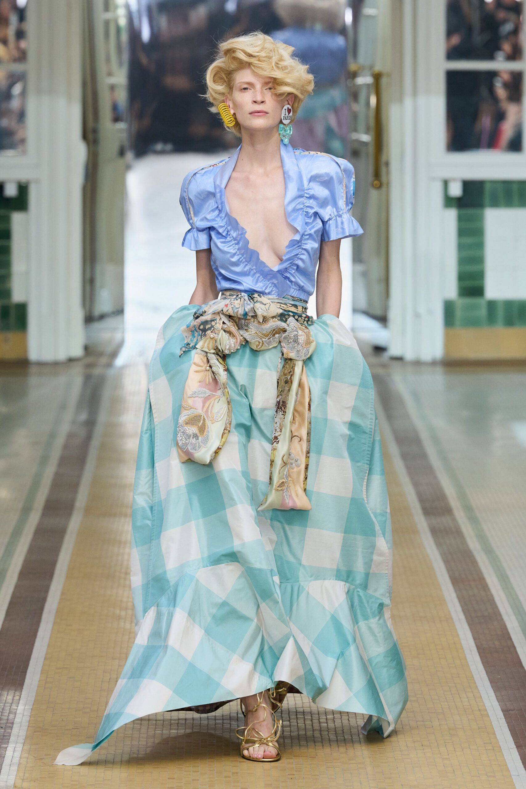 ruffled satin plunge blouse