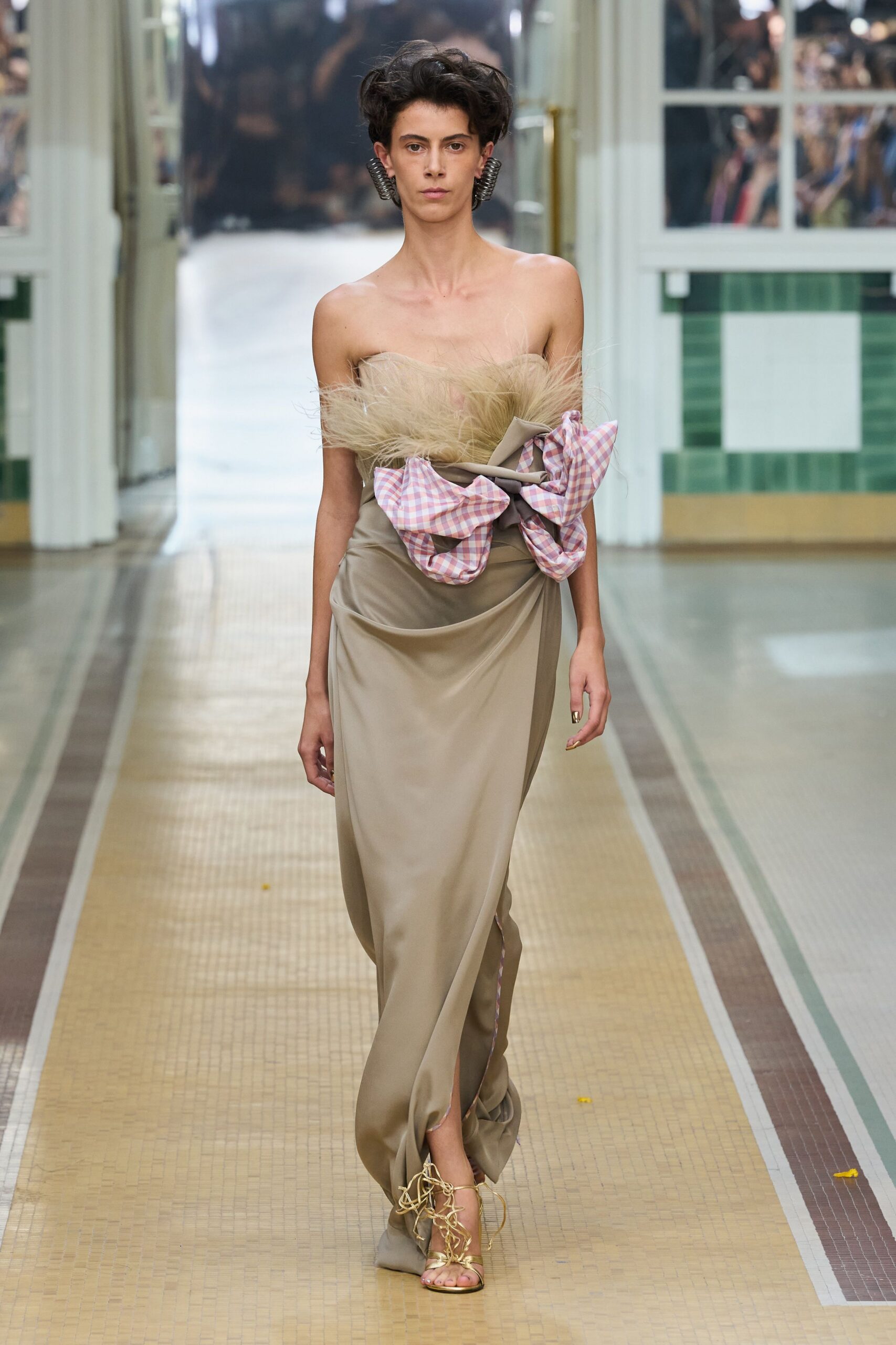 feather-trim strapless draped evening gown