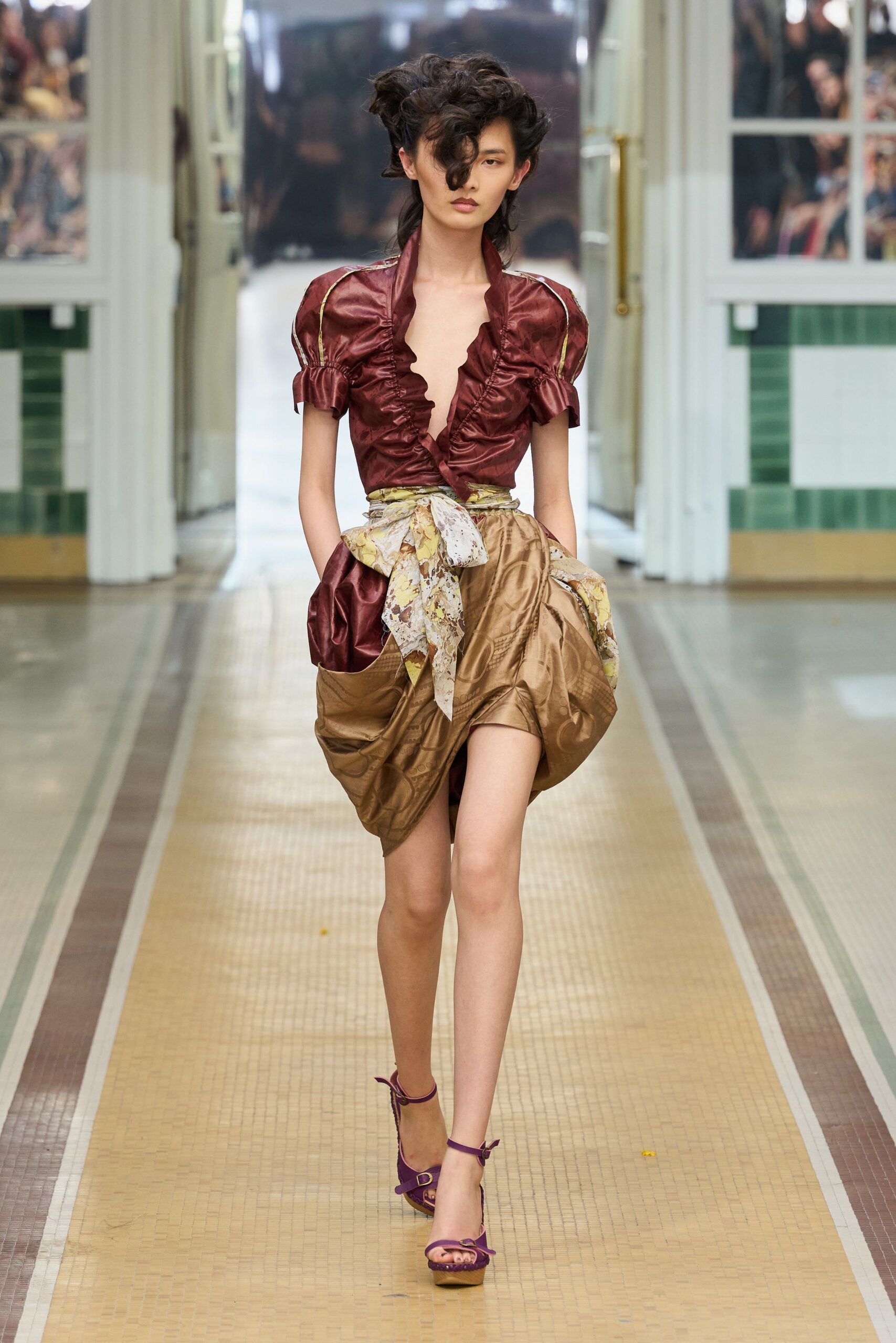 red satin short-sleeve low-cut fitted ruched ruffled blouse