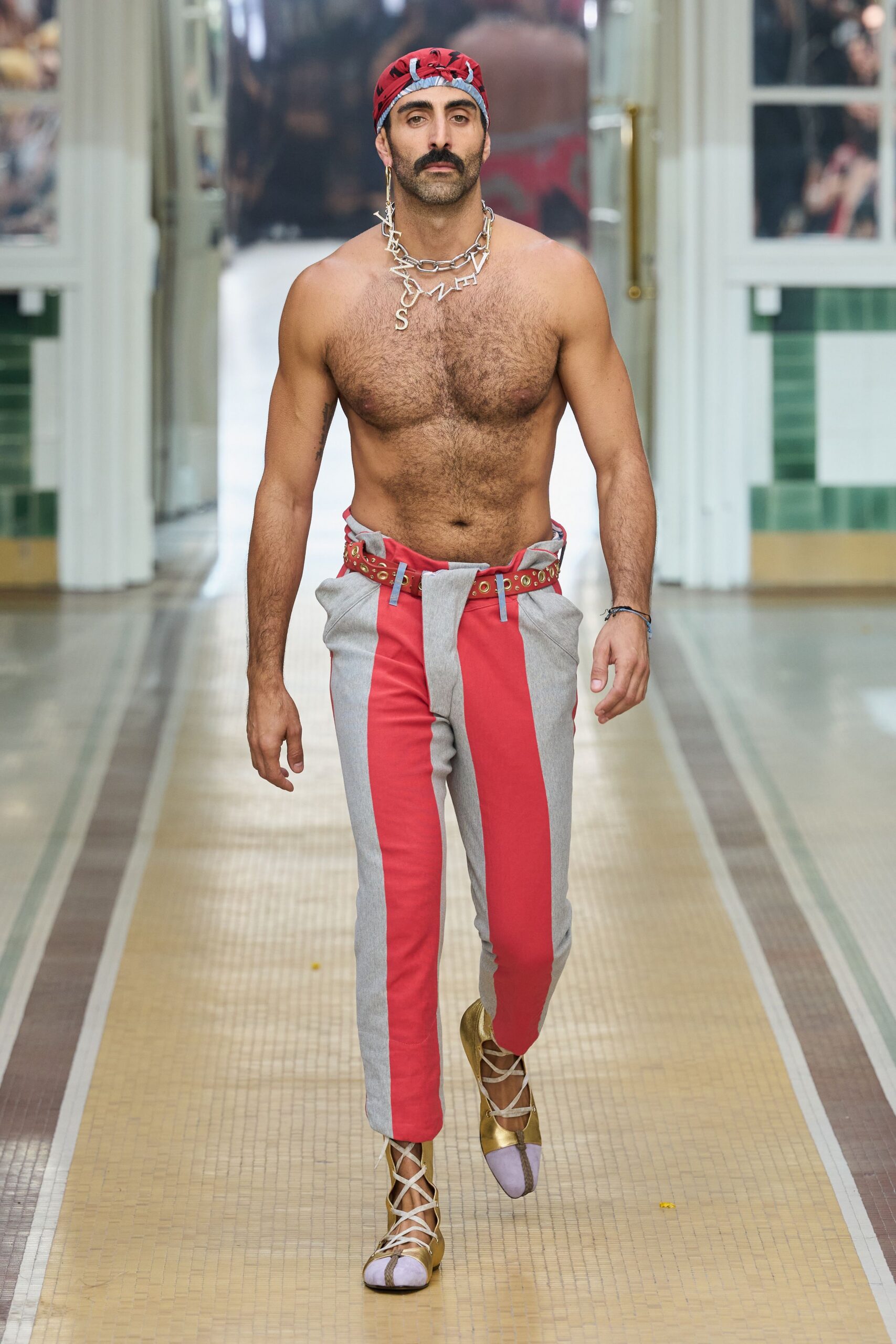 red and gray striped pants