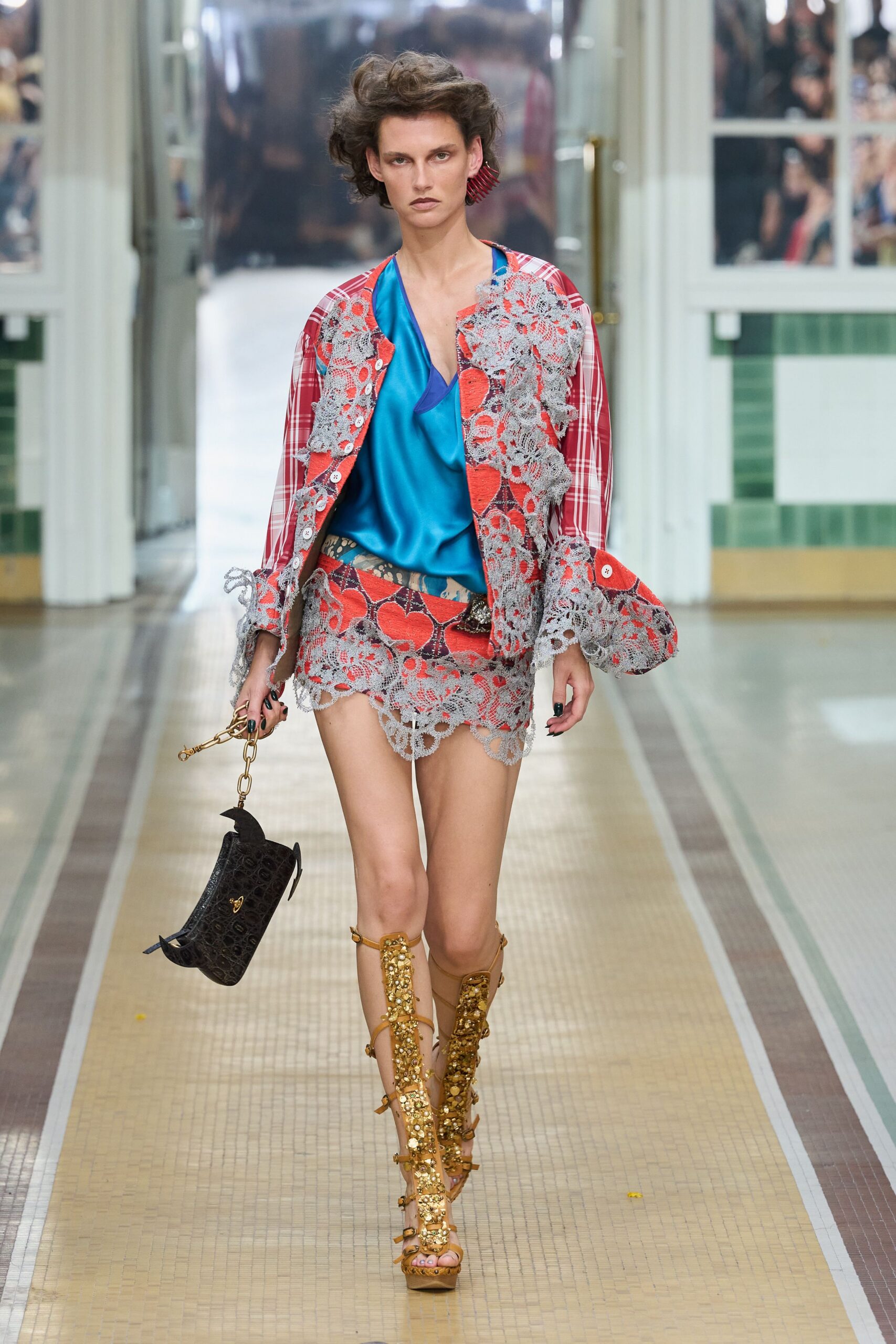 lace-trim plaid cropped jacket