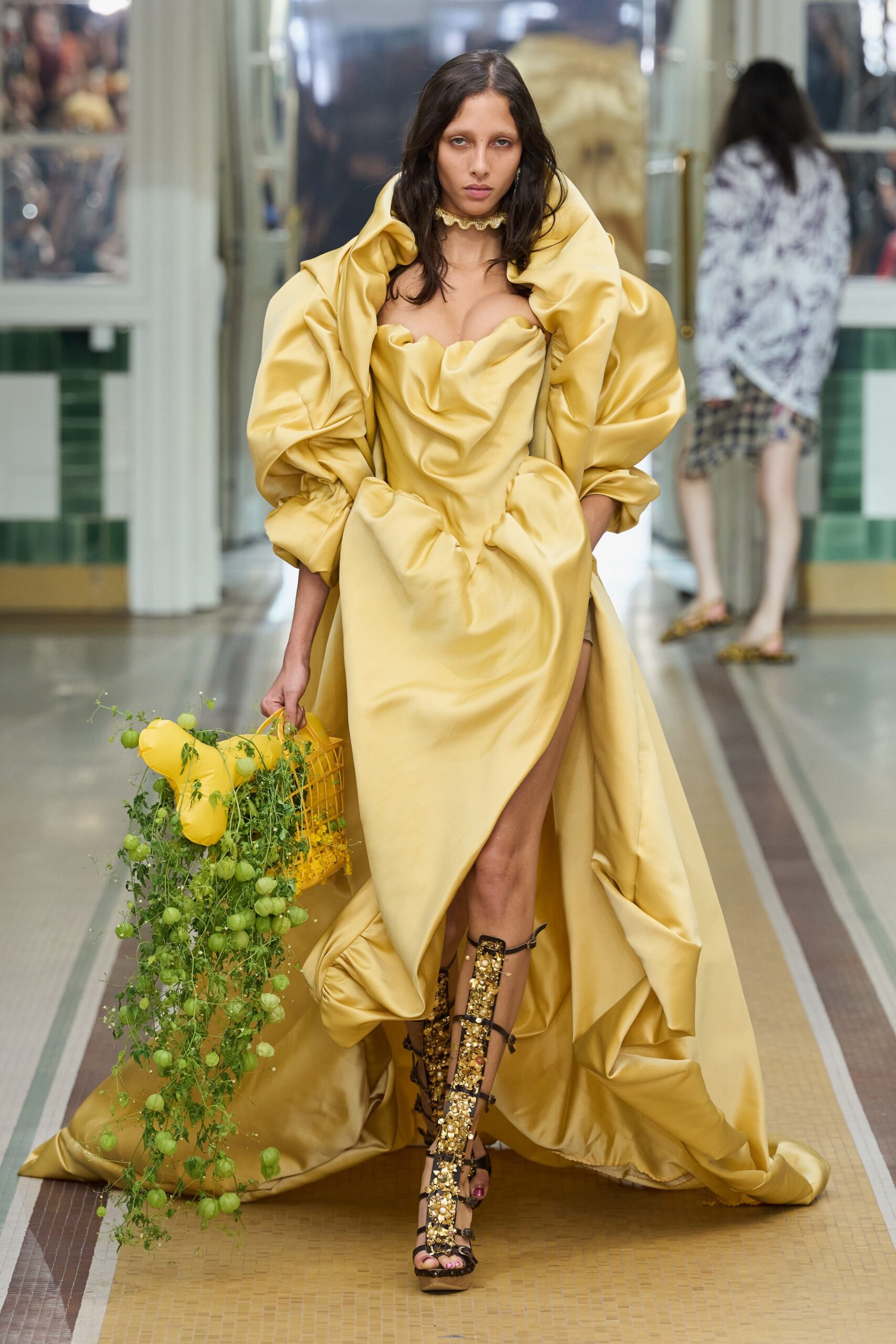 strapless yellow satin evening gown