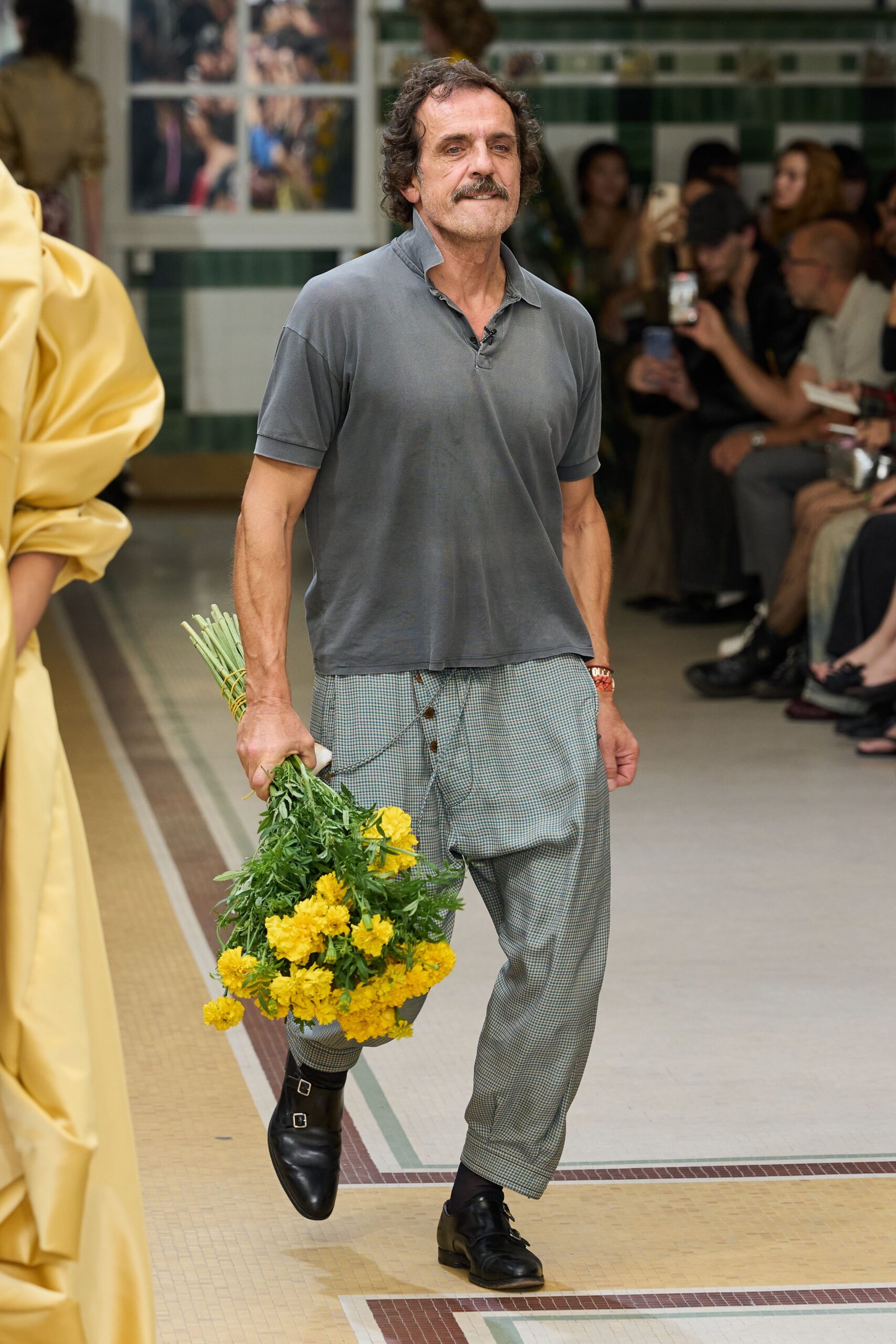 gray polo shirt with checked trousers
