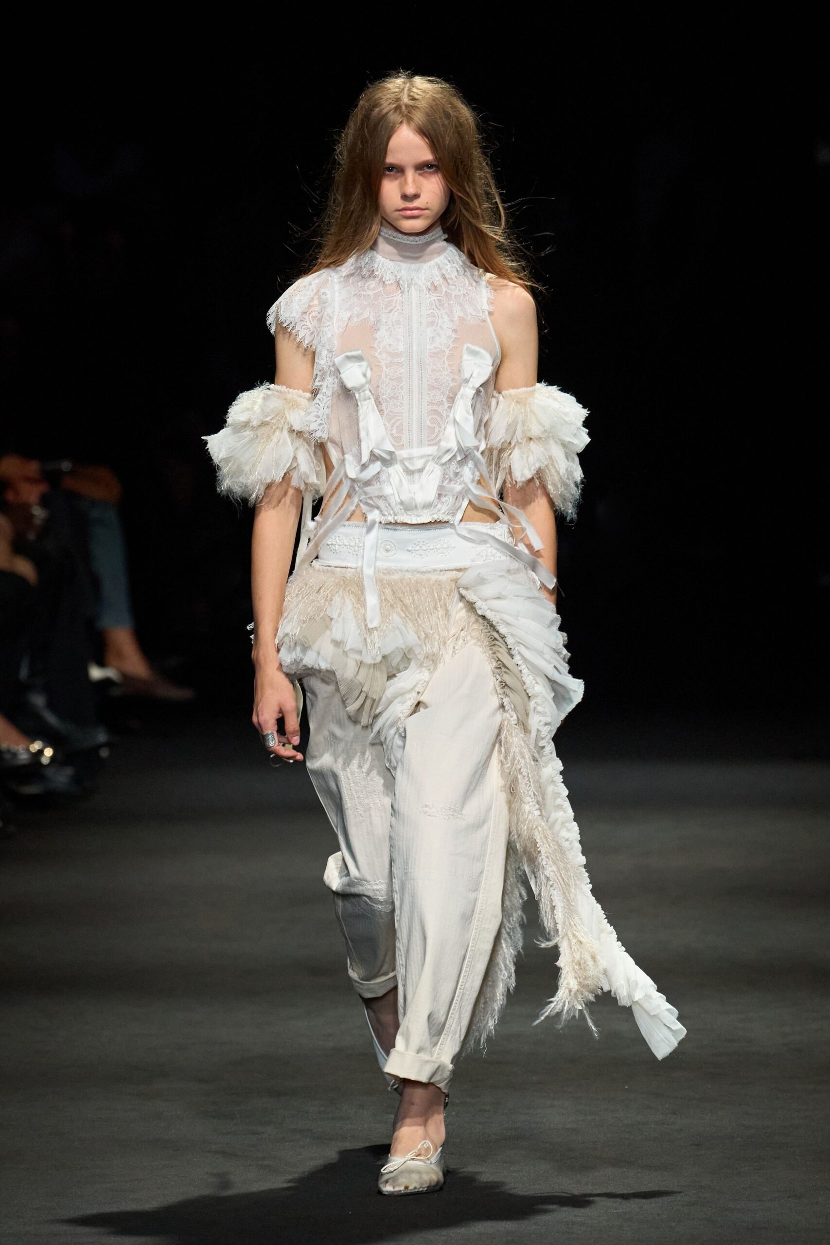 sheer lace ruffle-trim cropped top