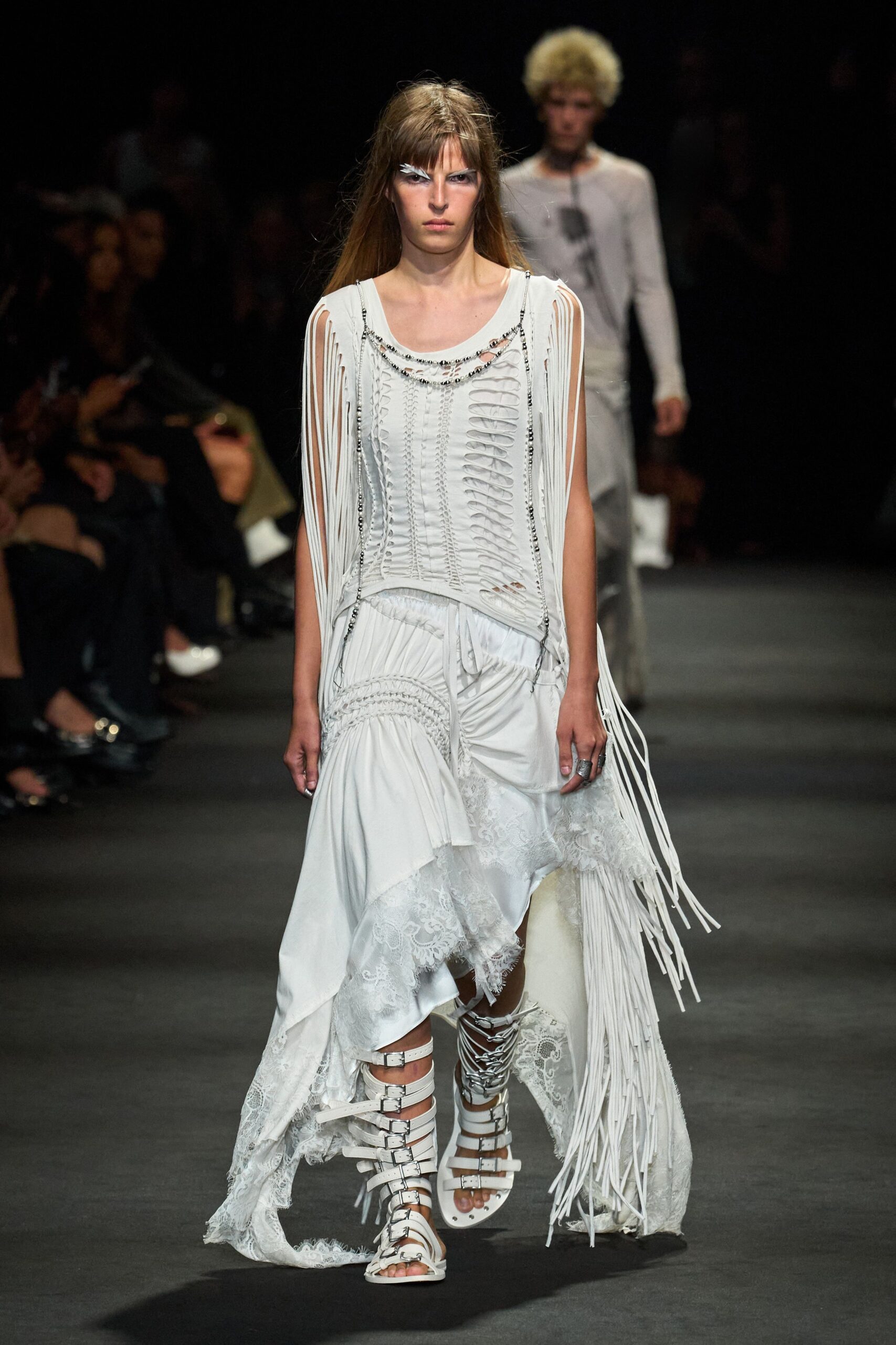 white fringed lace-trim asymmetric dress