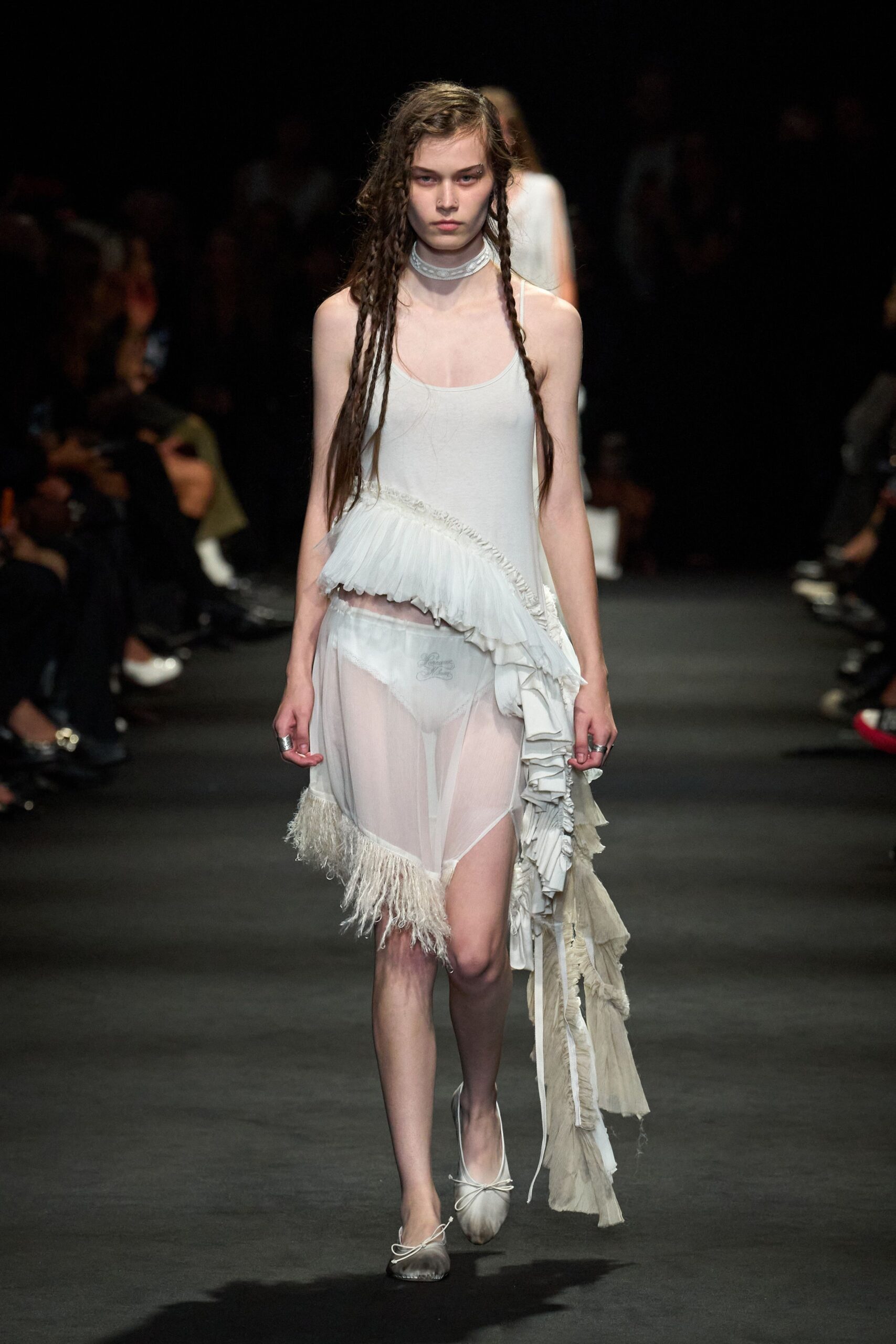 asymmetric sheer ruffled chiffon dress