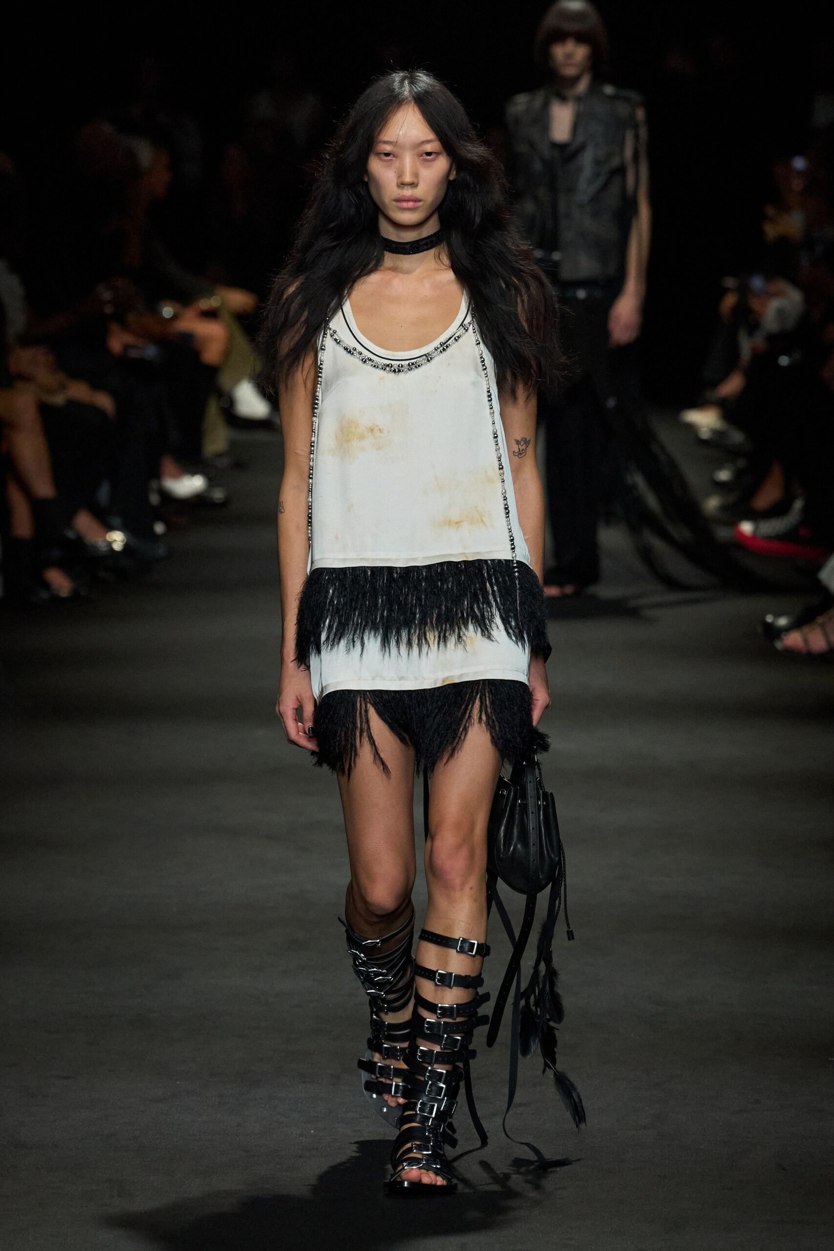 white feather sleeveless scoop-neck relaxed embellished feathered mini-dress