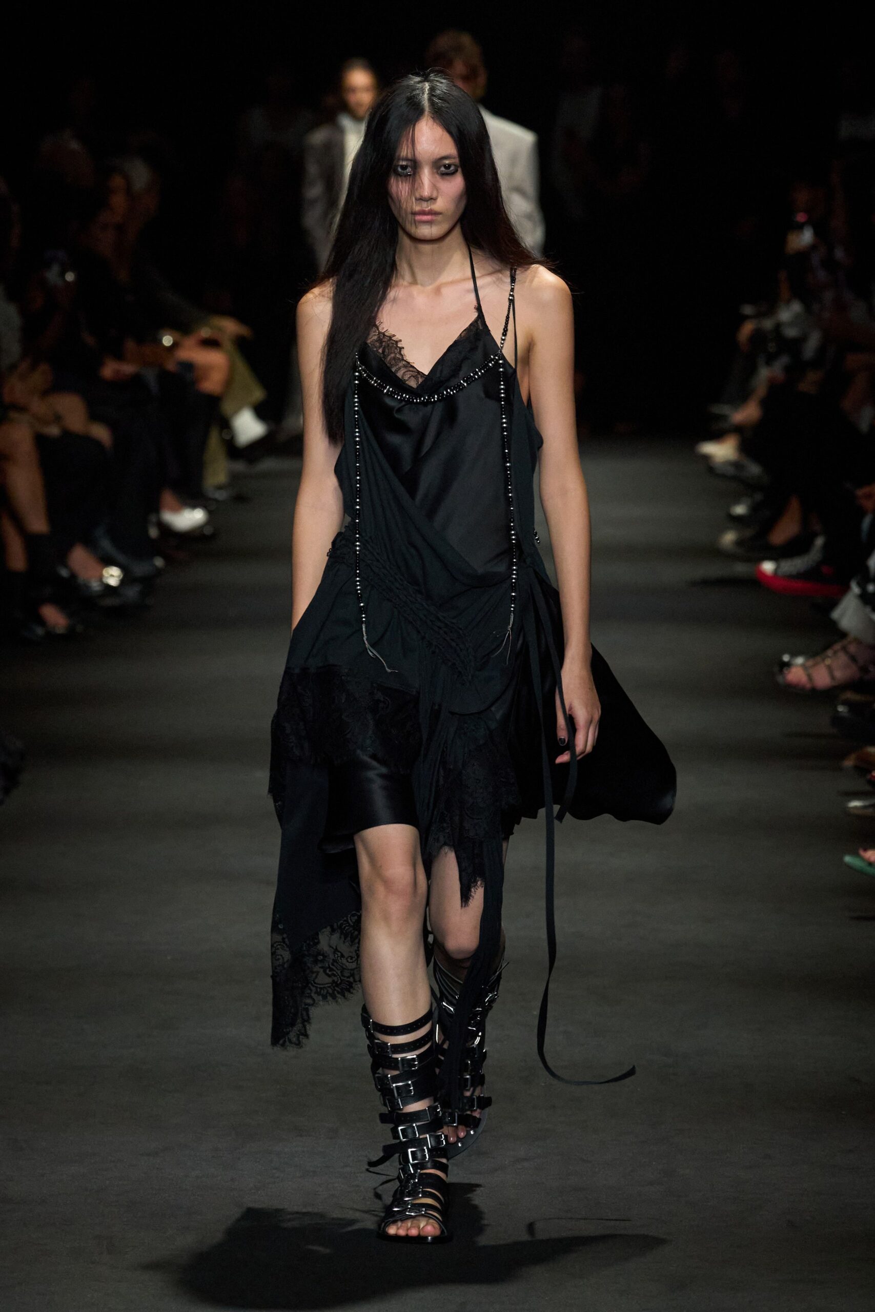 black lace-trim asymmetric slip dress