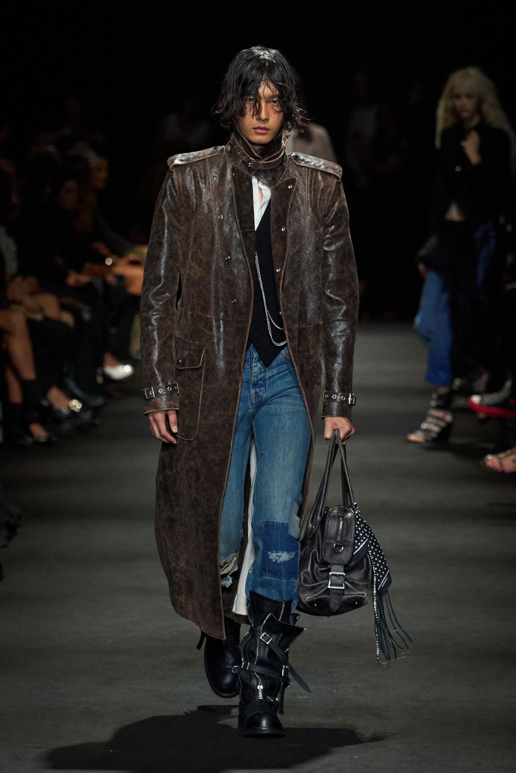 brown leather moto coat