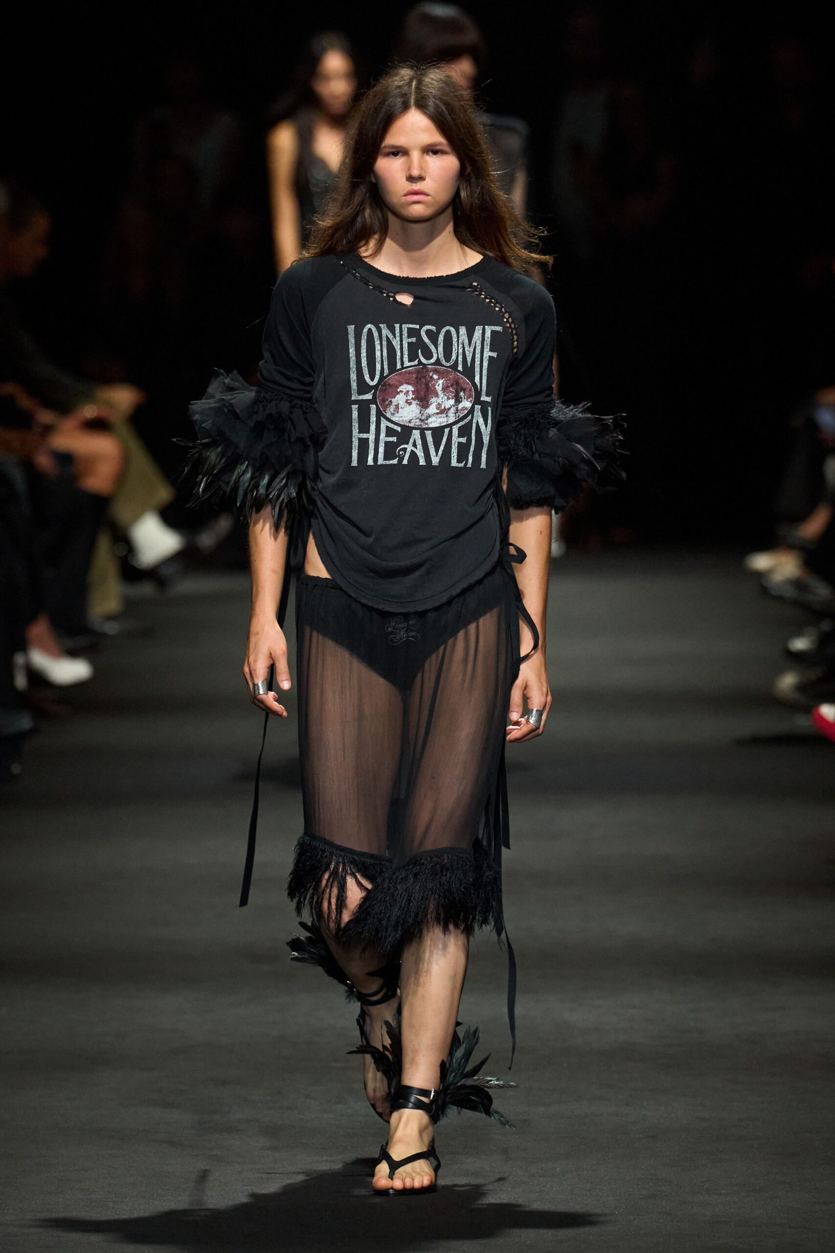 feather-trim sheer black midi skirt