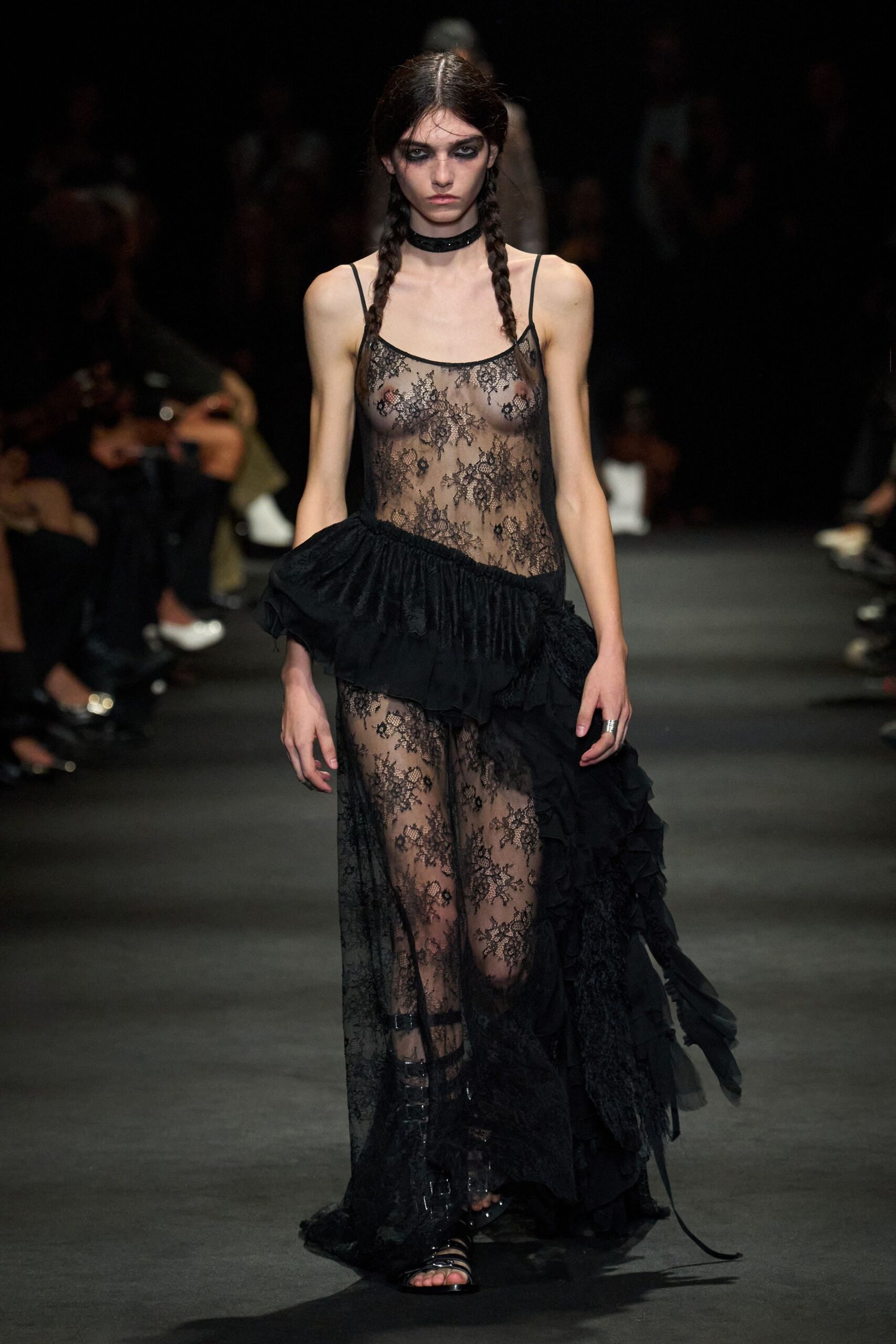 sheer black lace ruffled maxi dress
