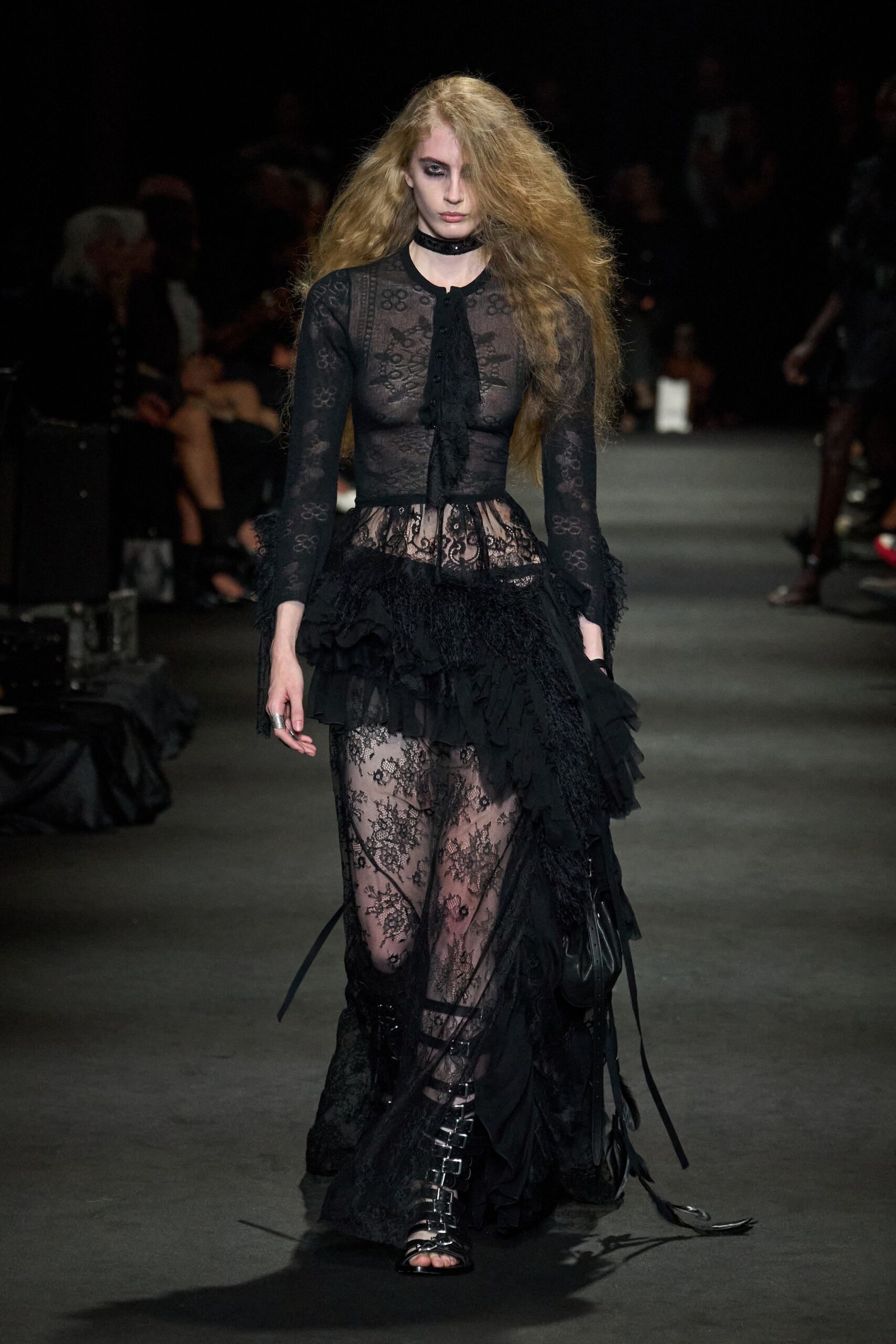 sheer black lace ruffled gown