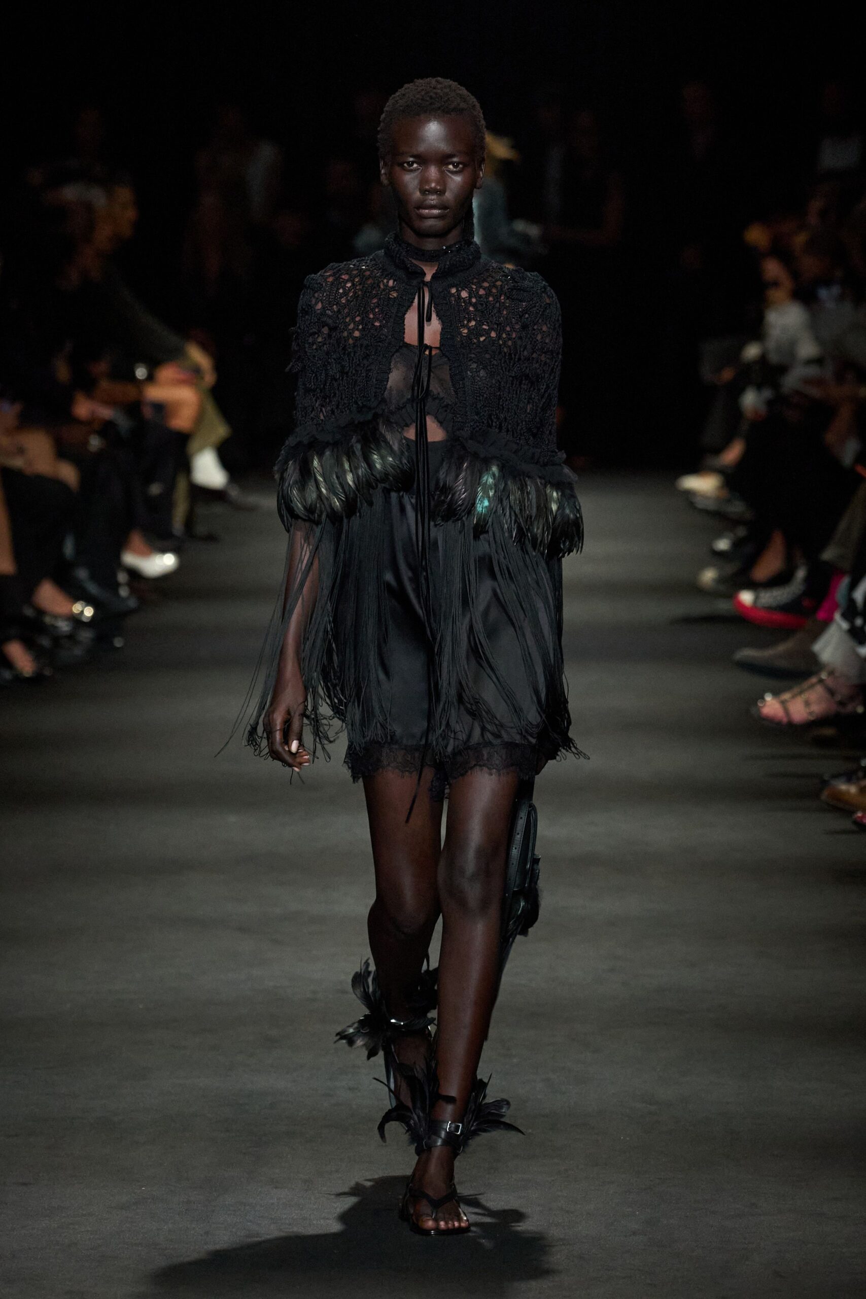 black feather-trim crochet capelet