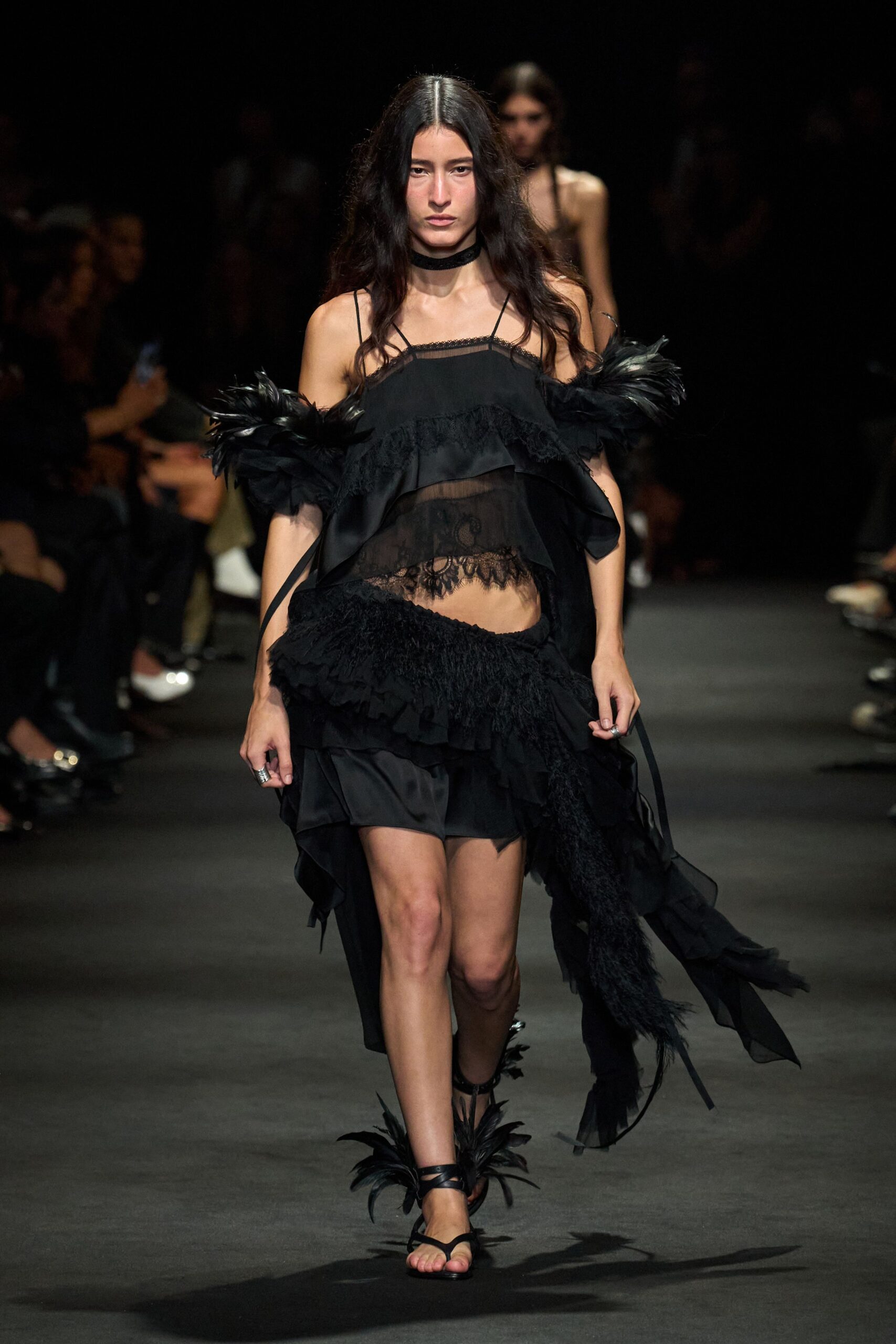 black feather-trim slip dress