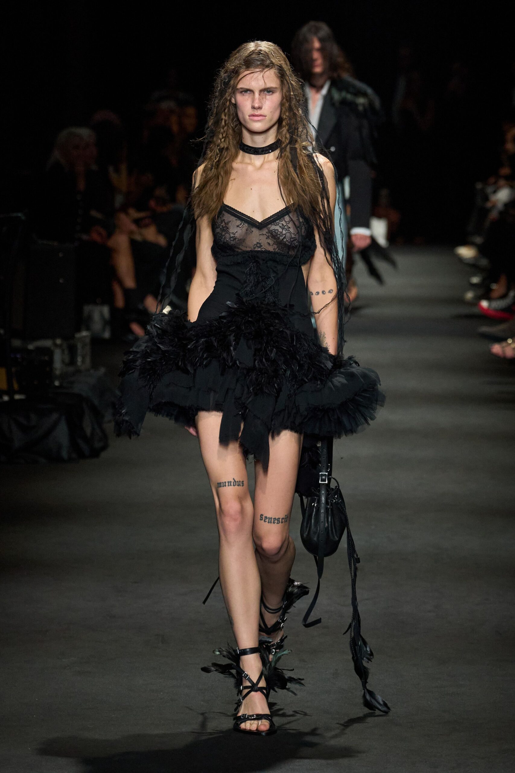 black lace spaghetti-strap sweetheart fitted ruffled feathered mini-dress
