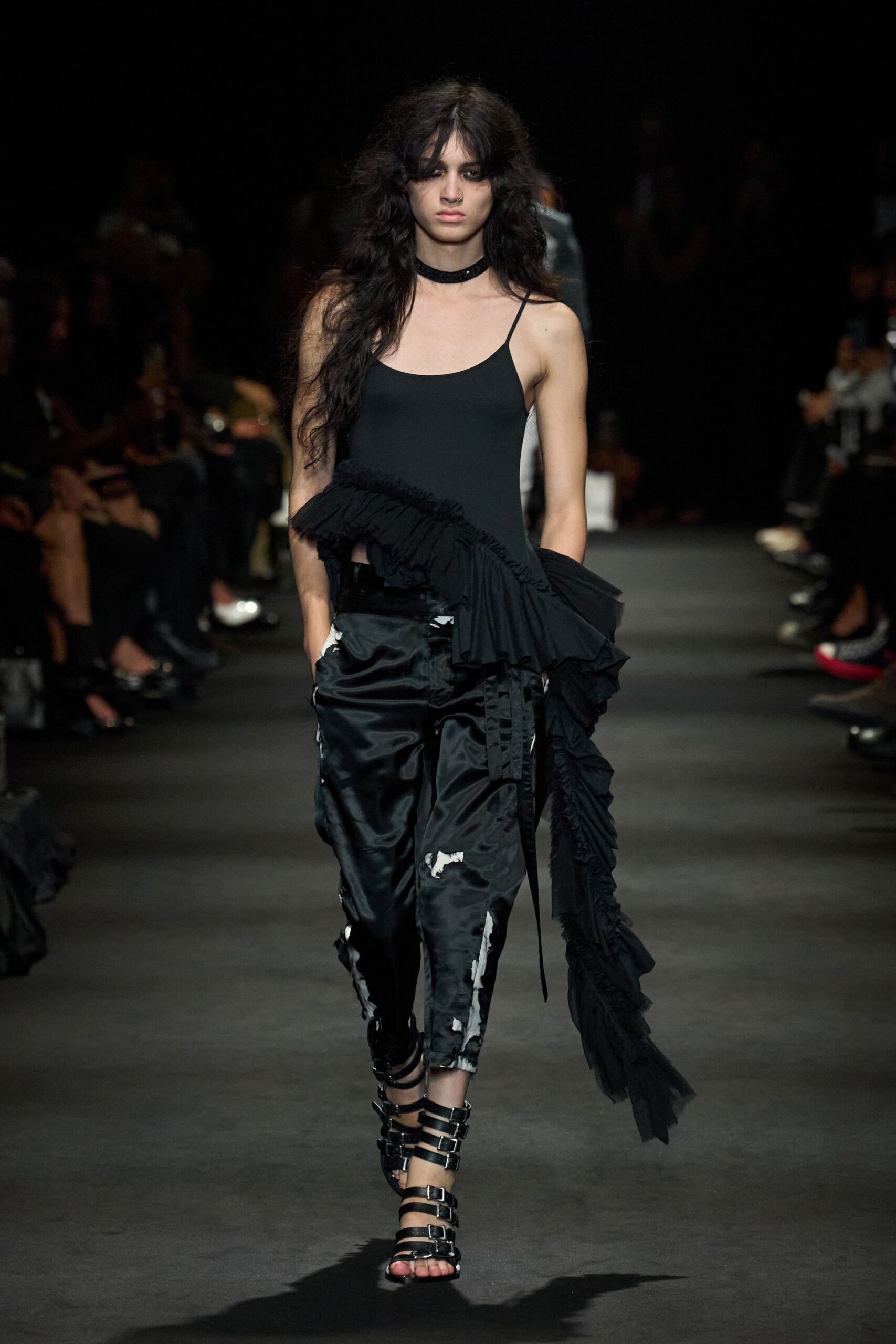 ruffled asymmetric black camisole top
