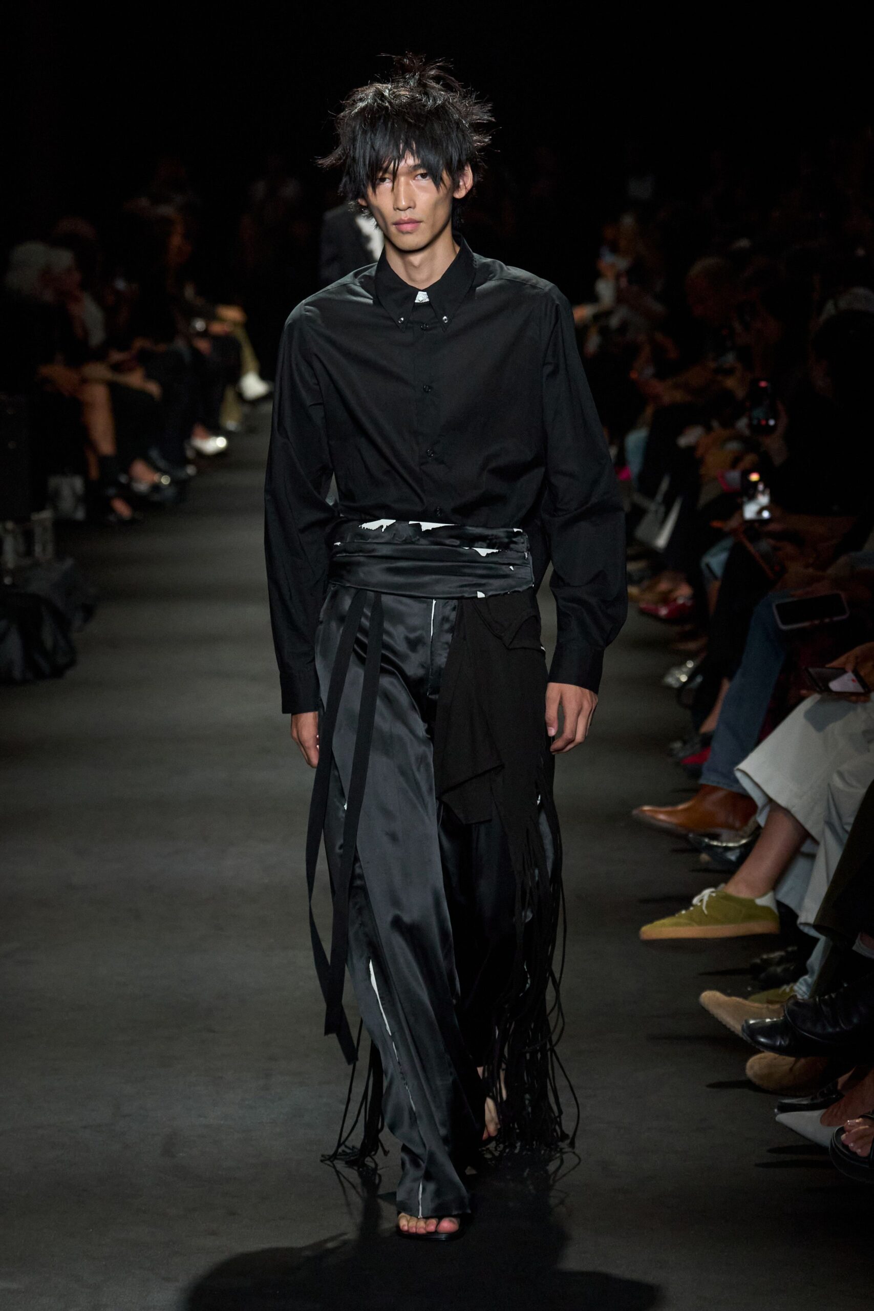 black fringe wrap-front satin trousers
