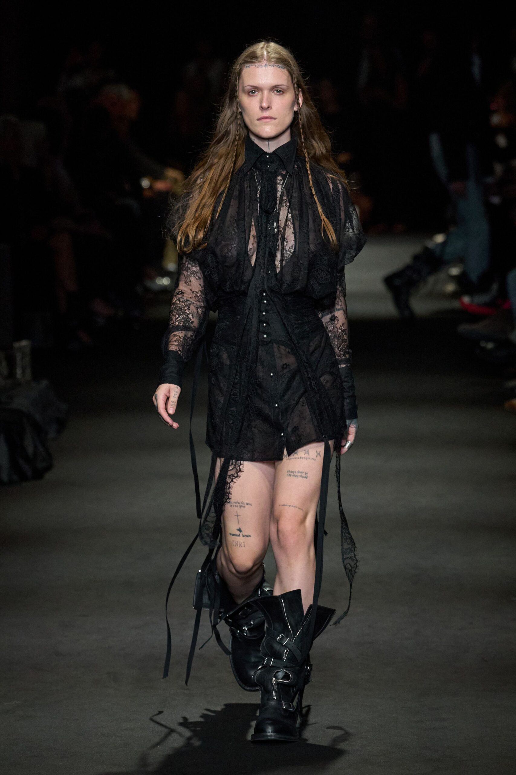 black lace long-sleeve collared fitted buttoned ruched mini-dress