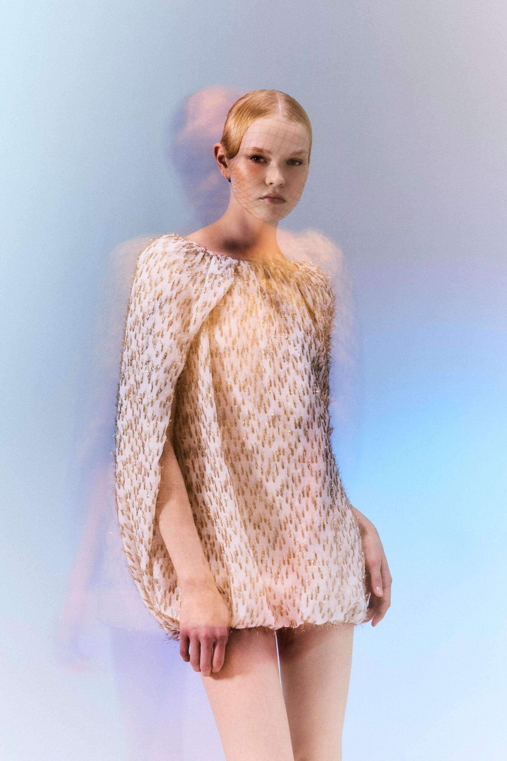 gold embellished cape-sleeve mini dress