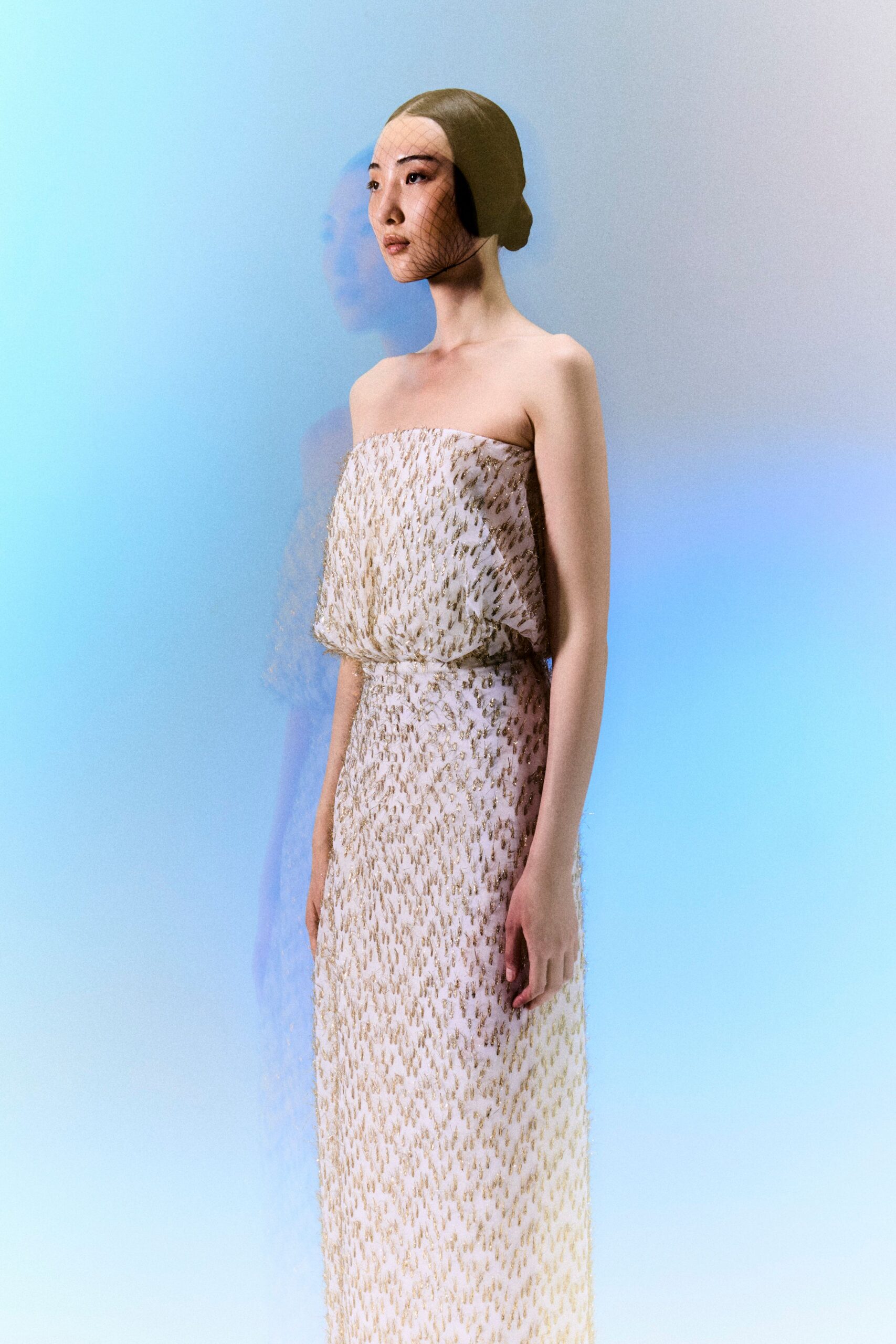 strapless embellished column evening gown