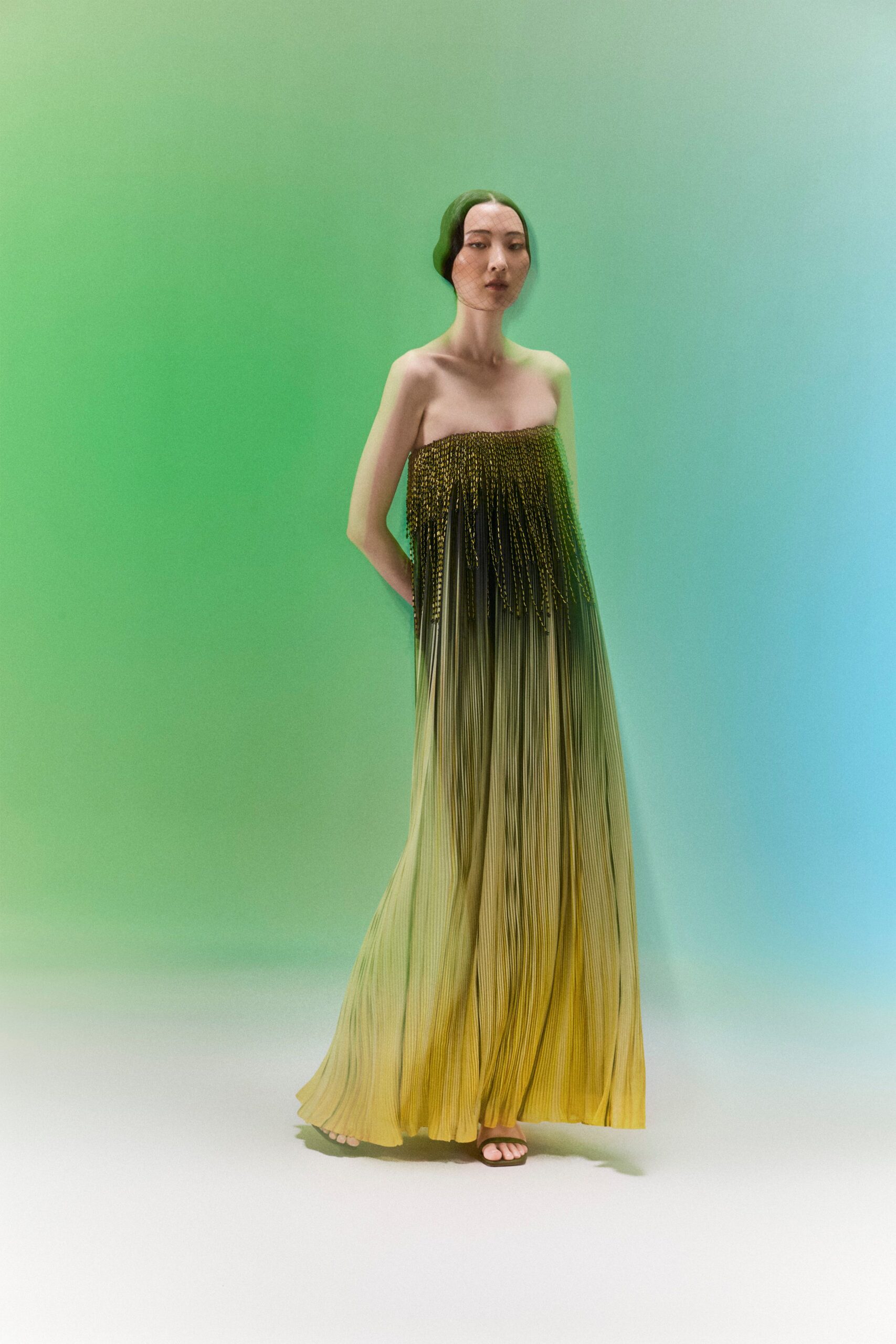 strapless ombre pleated fringe gown