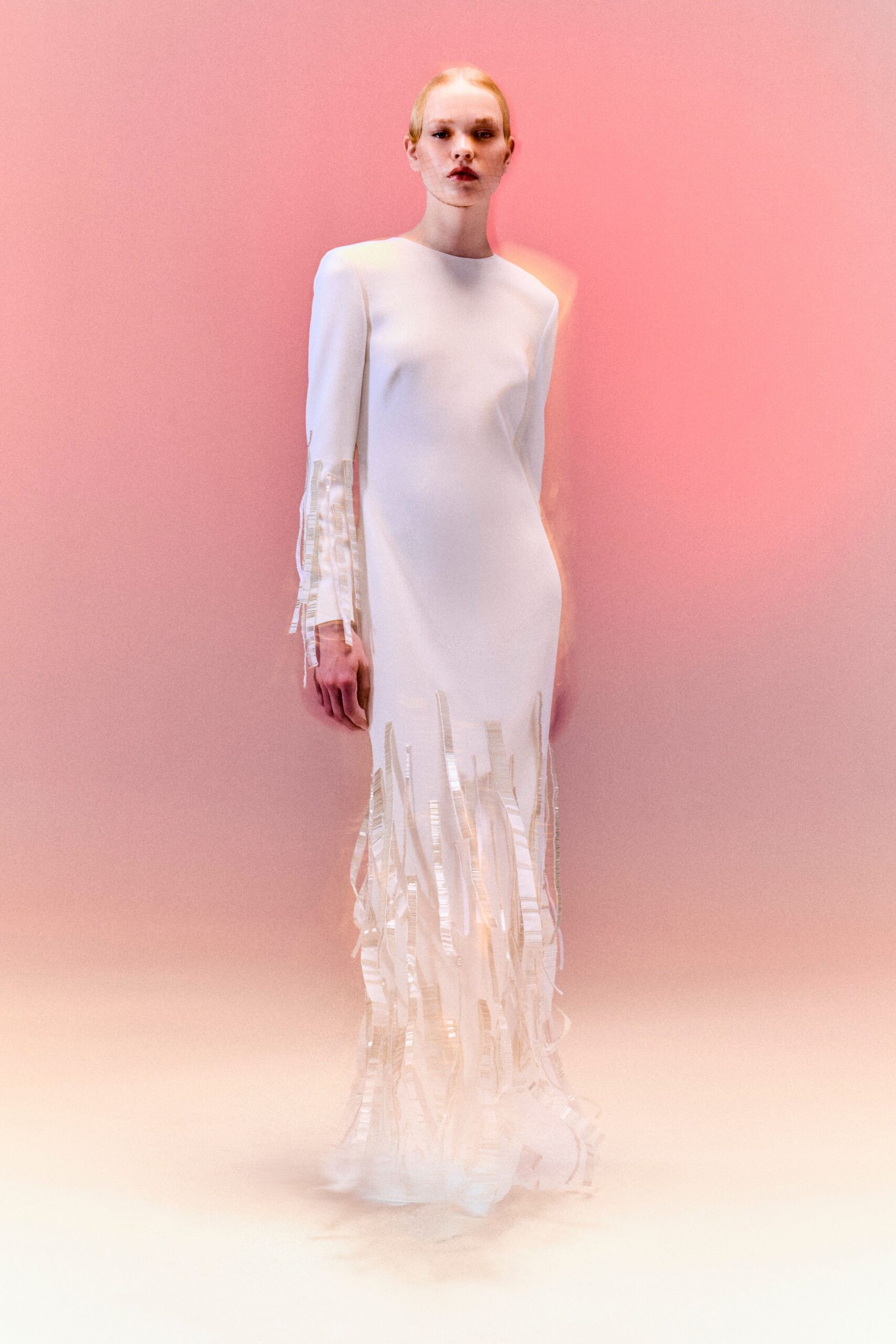 ivory fringe evening gown
