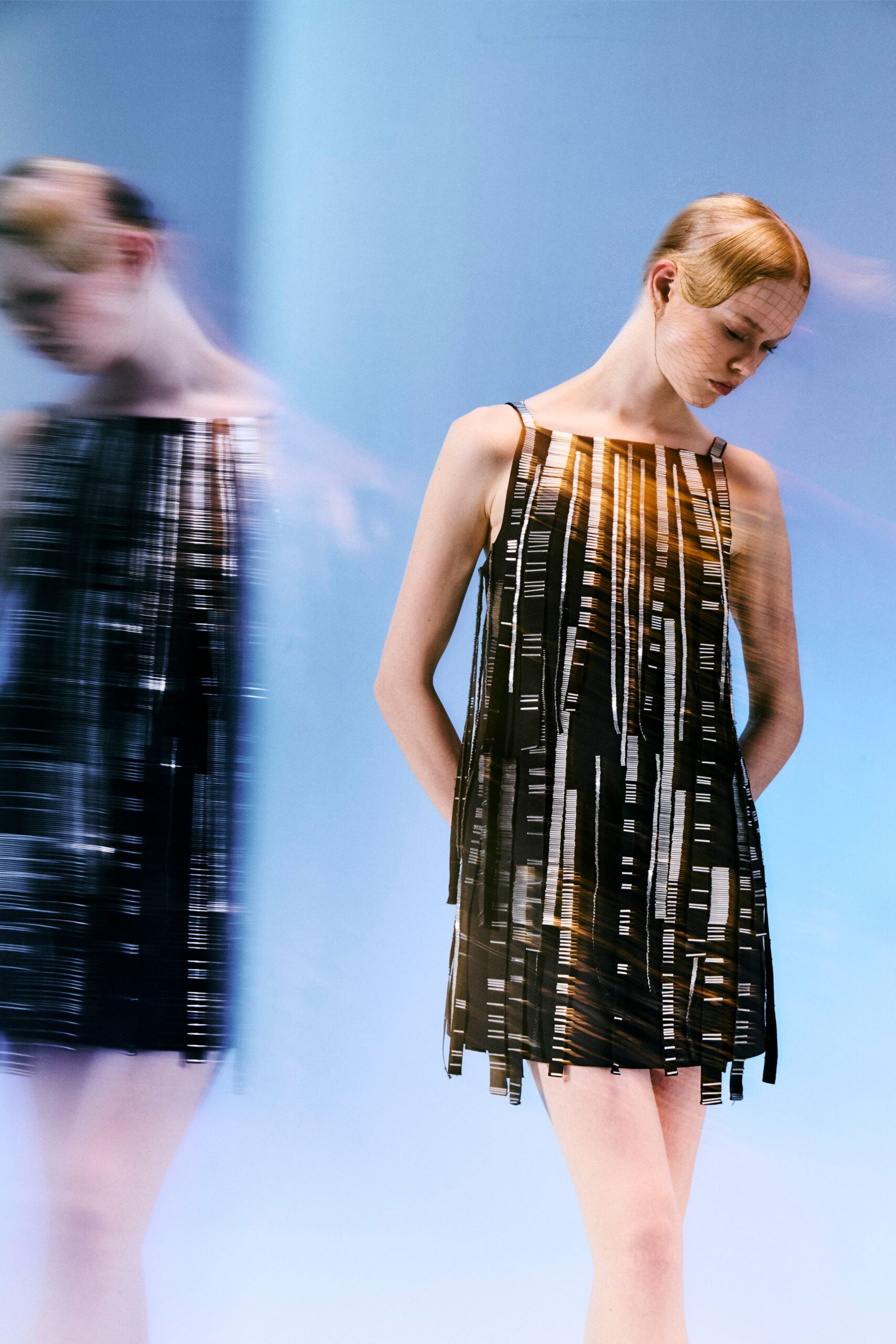 barcode-print fringed mini dress