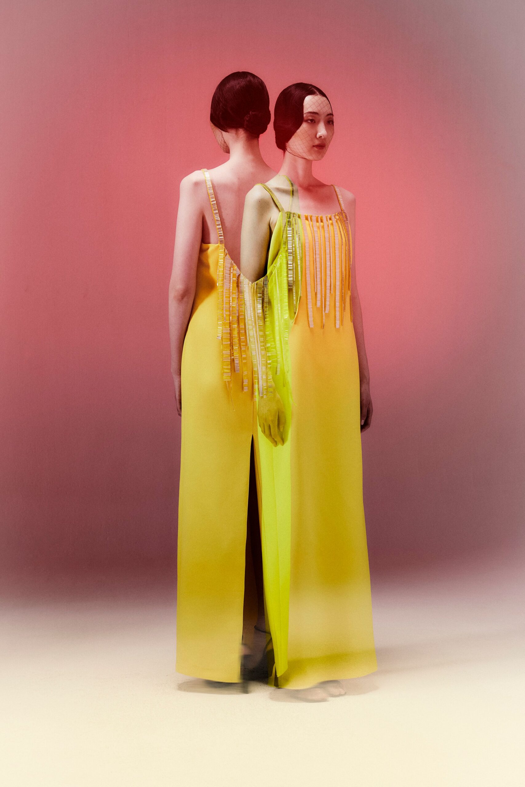 yellow fringed evening gown