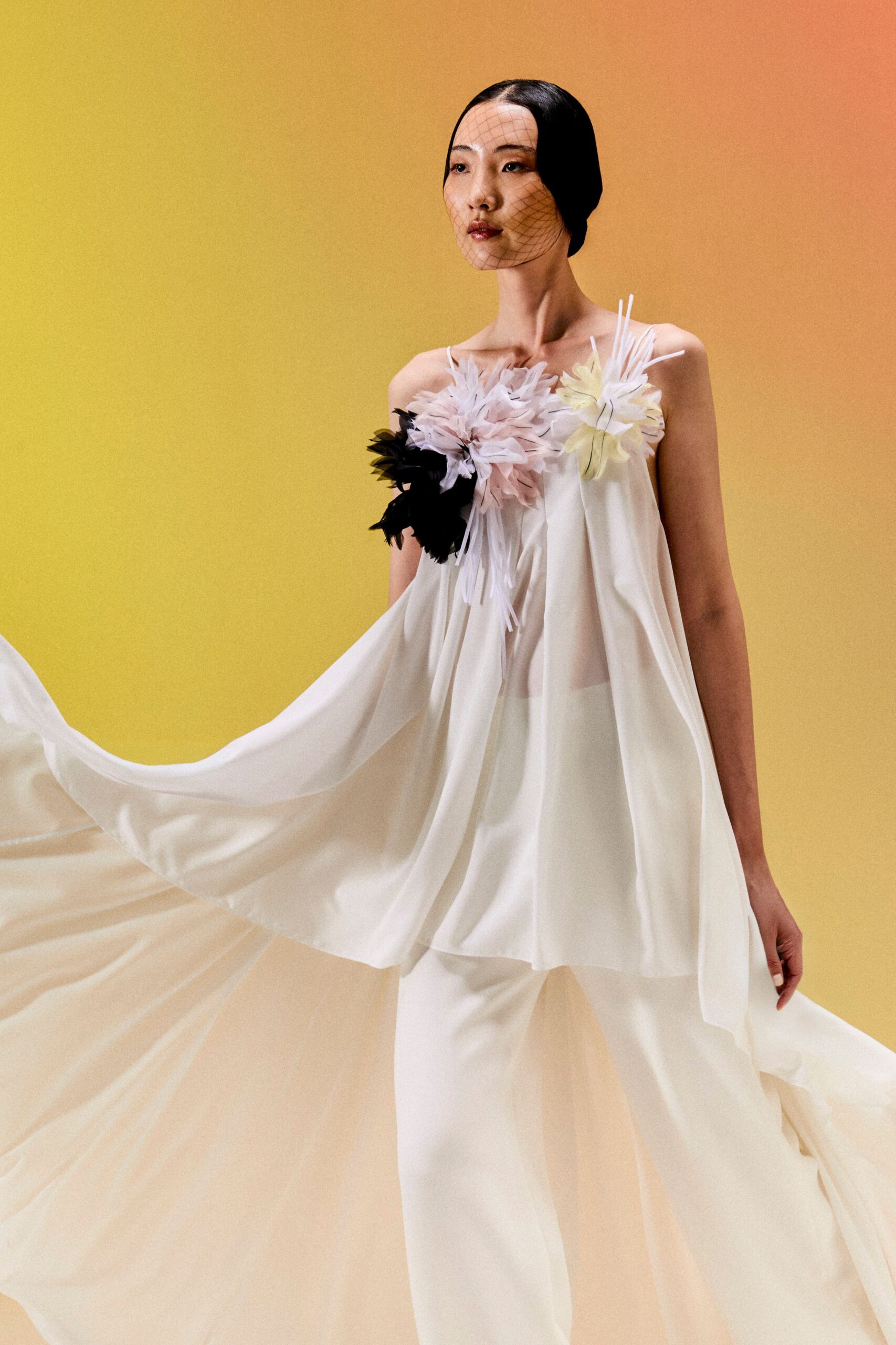 feather-appliqué chiffon evening gown