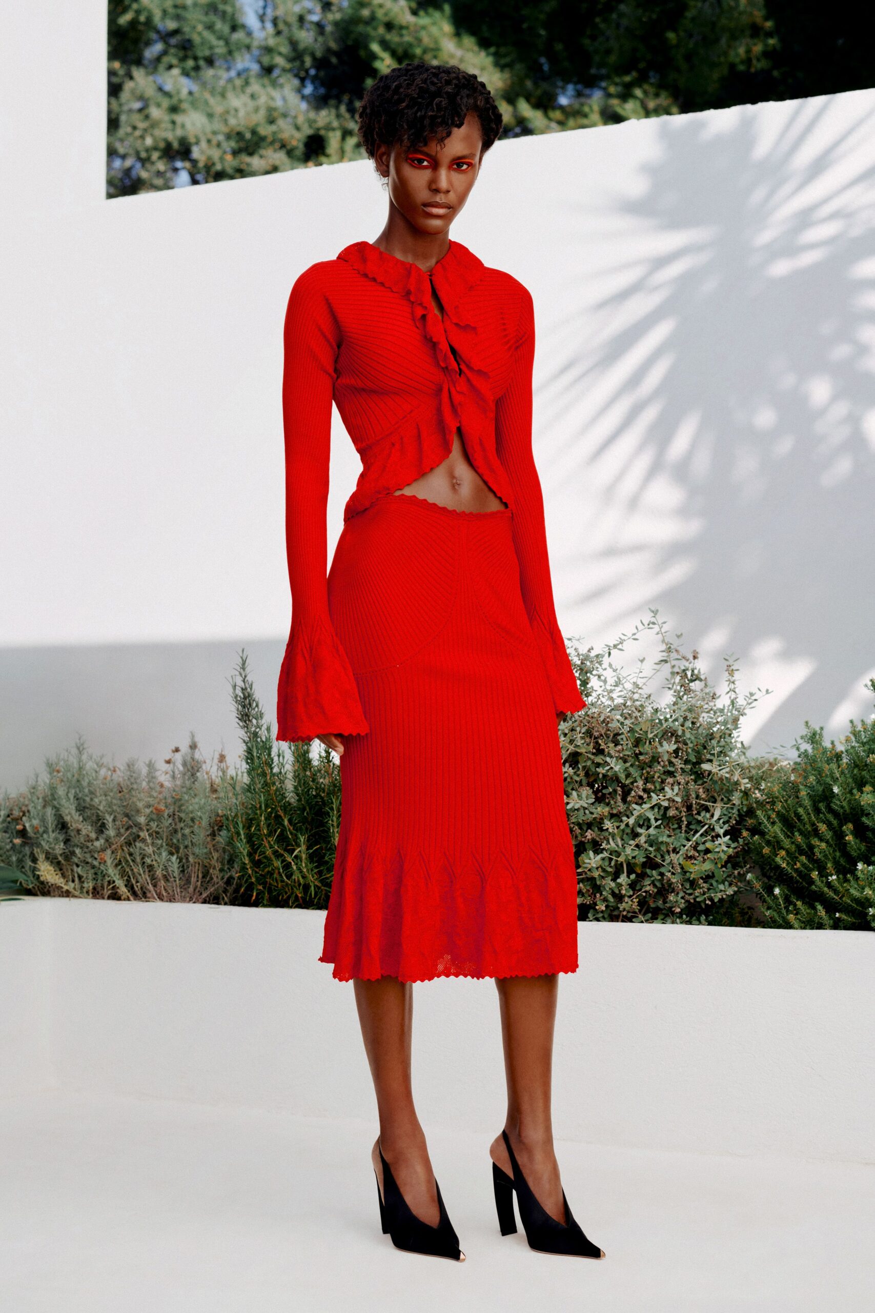 red ruffled ribbed knit cardigan