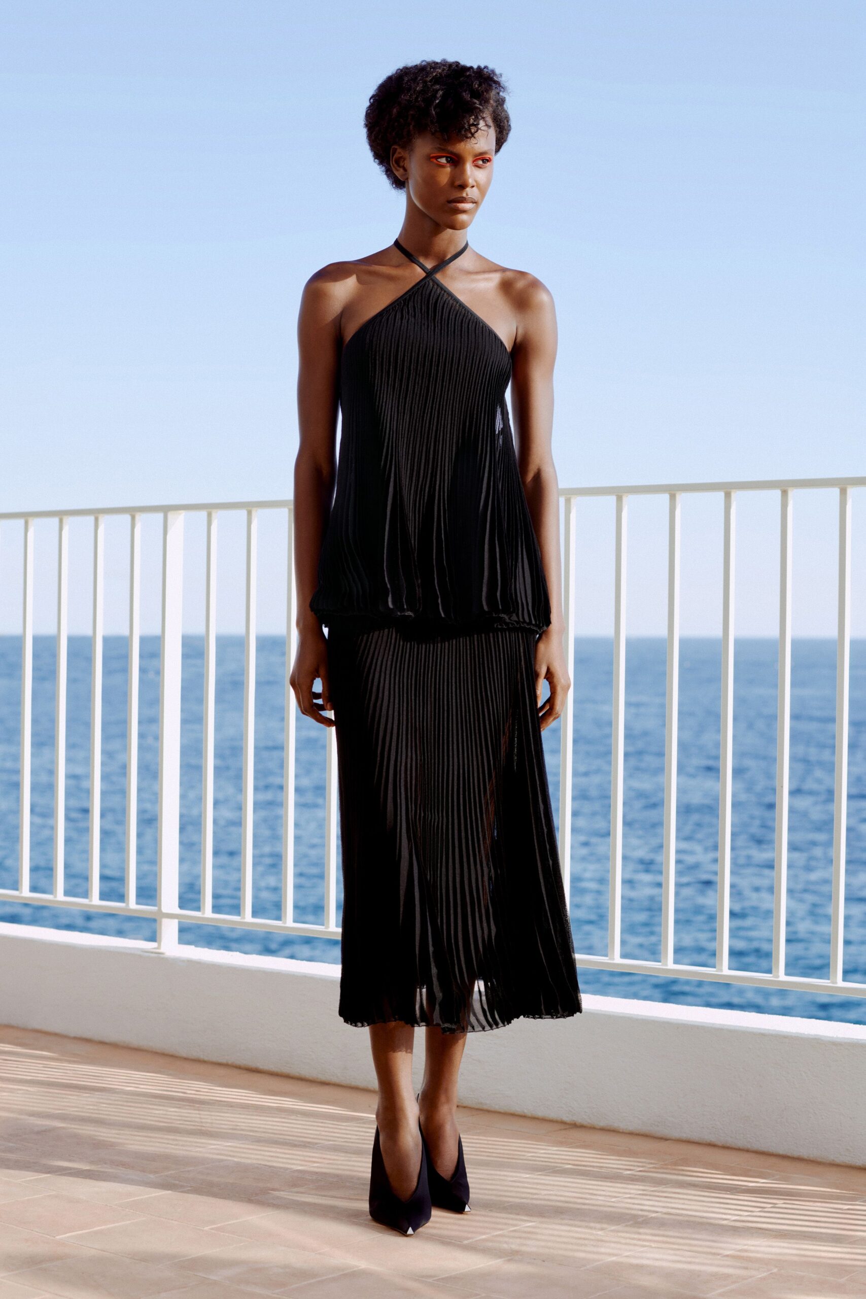 black pleated halter top