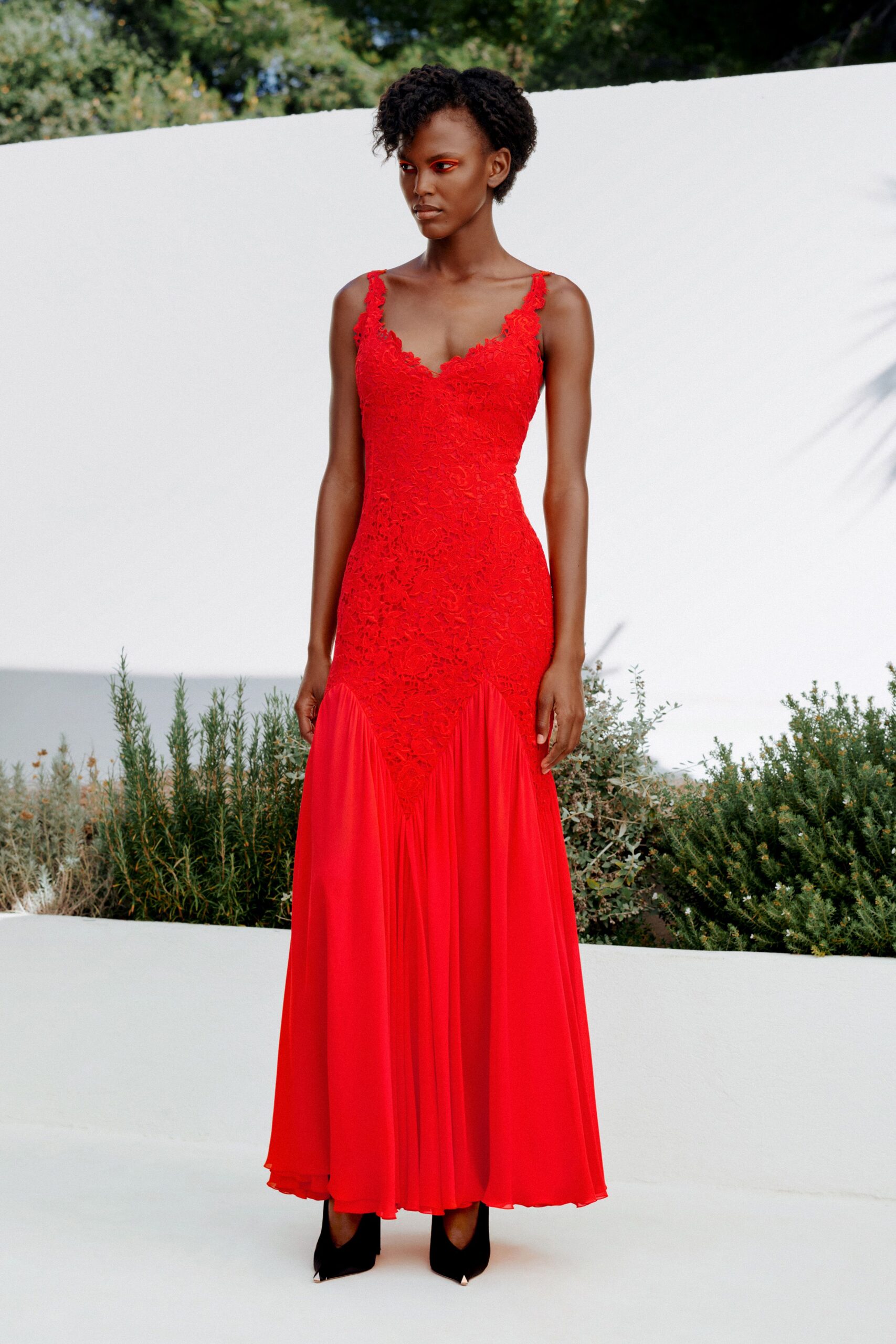 red lace mermaid evening gown
