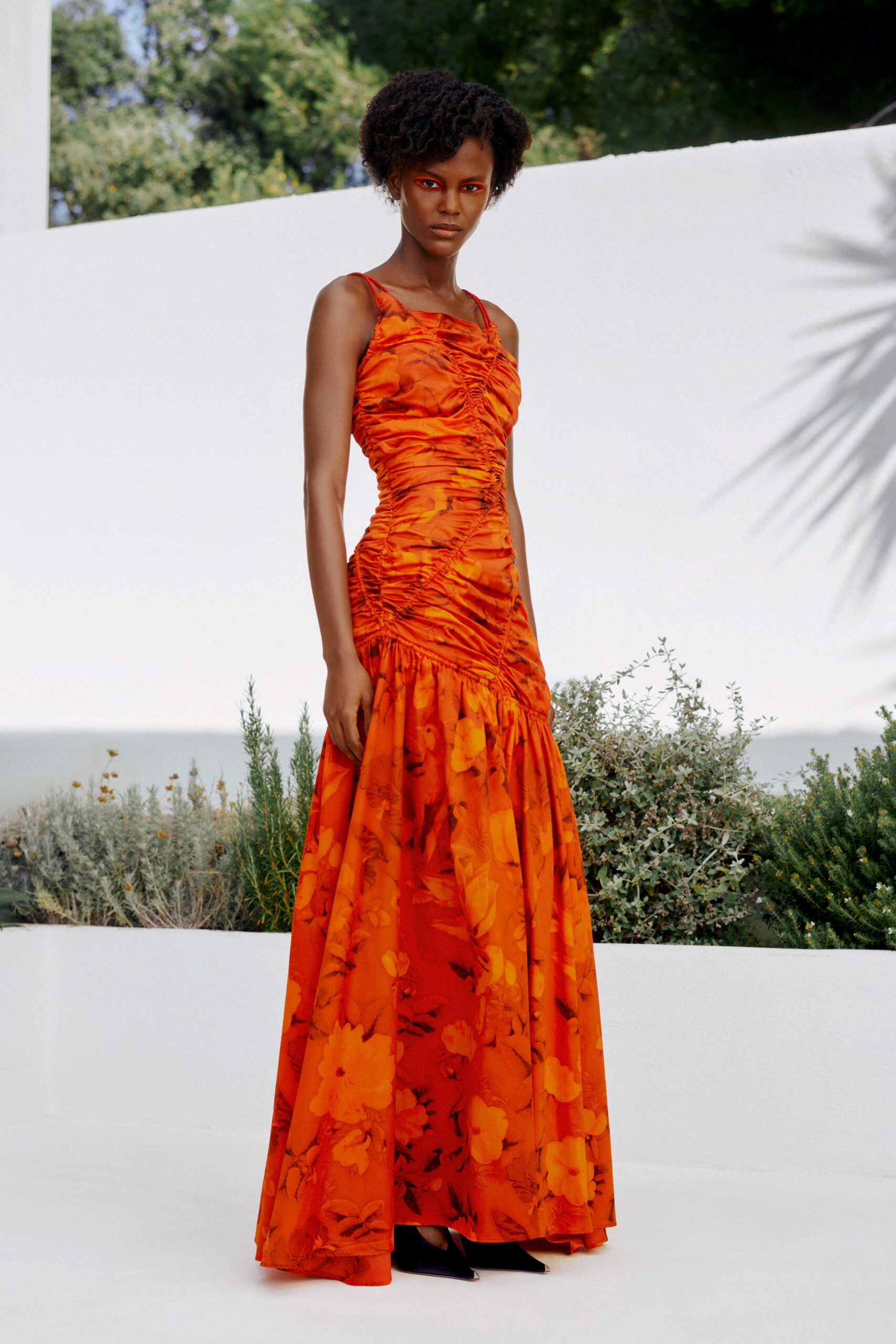 ruched orange floral maxi dress