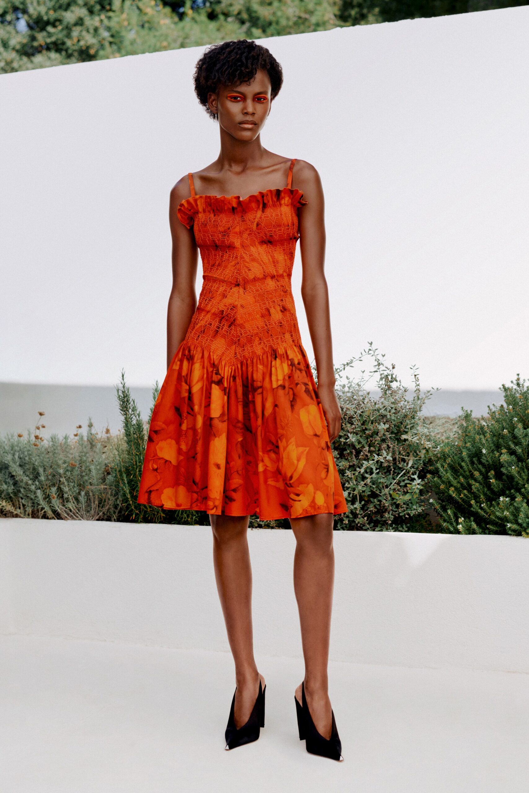 orange floral ruched mini dress