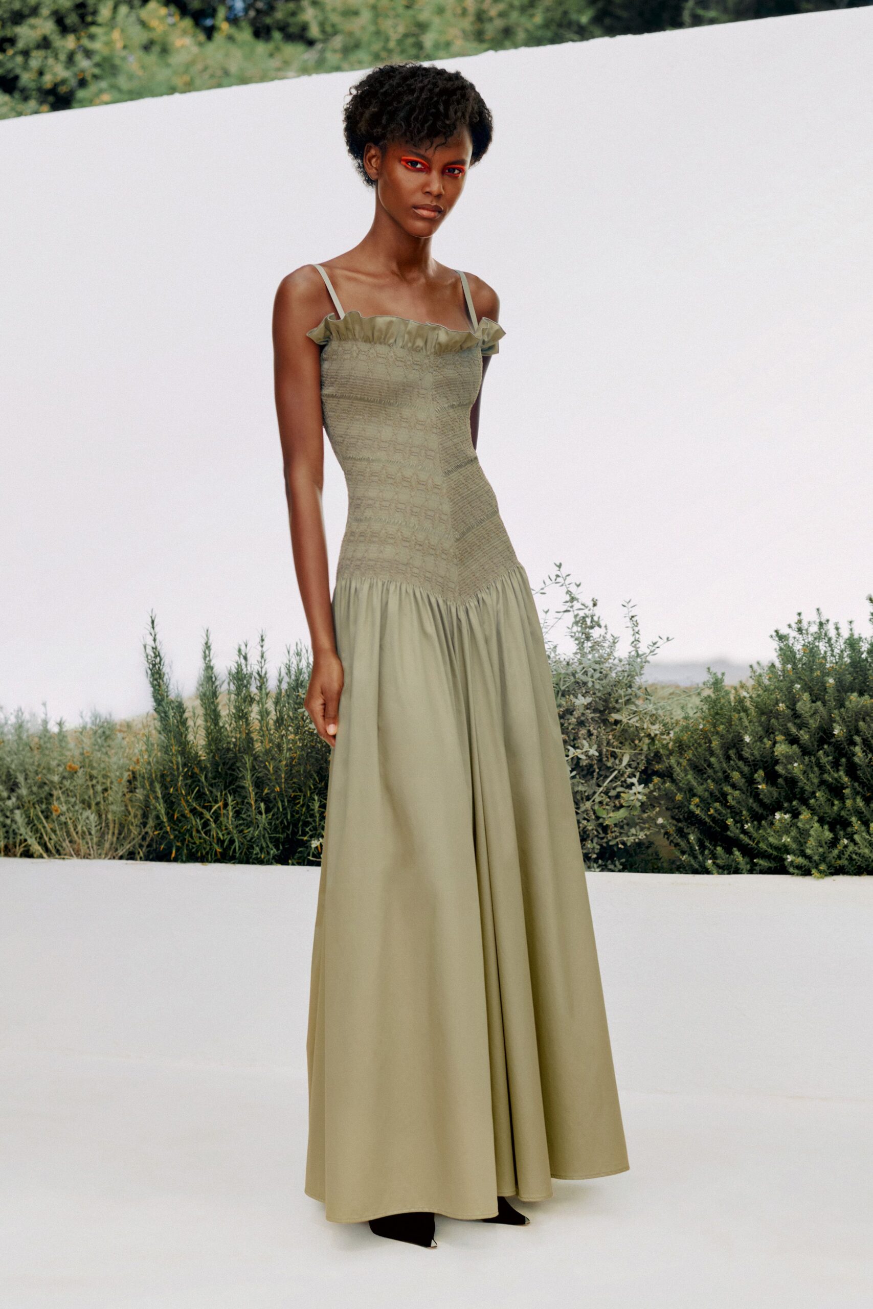olive ruched drop-waist evening gown