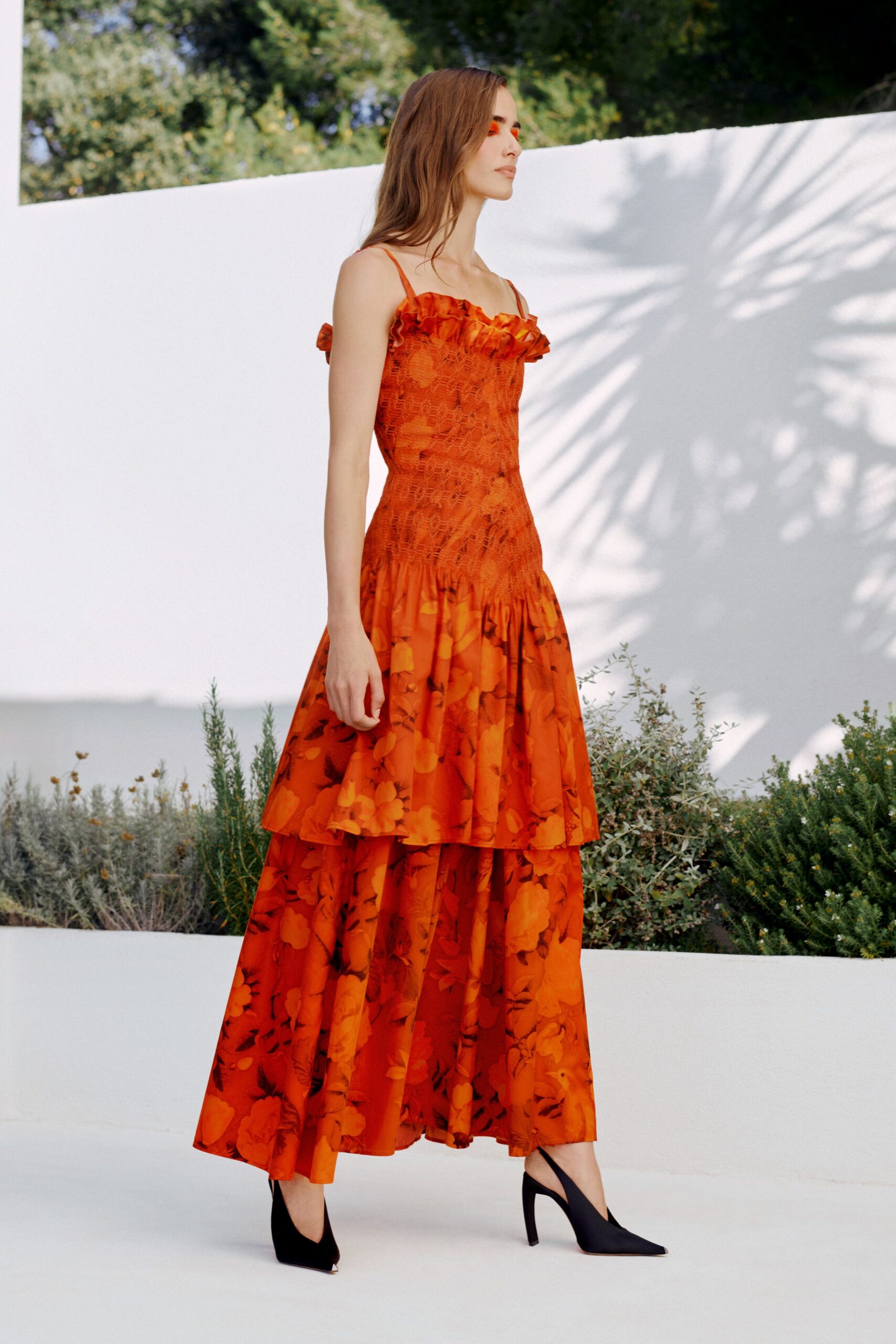 orange floral smocked maxi dress