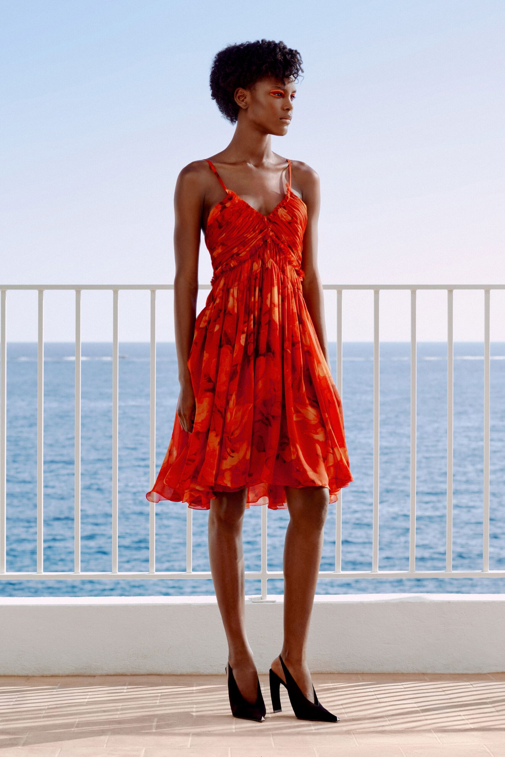 red floral pleated chiffon mini dress