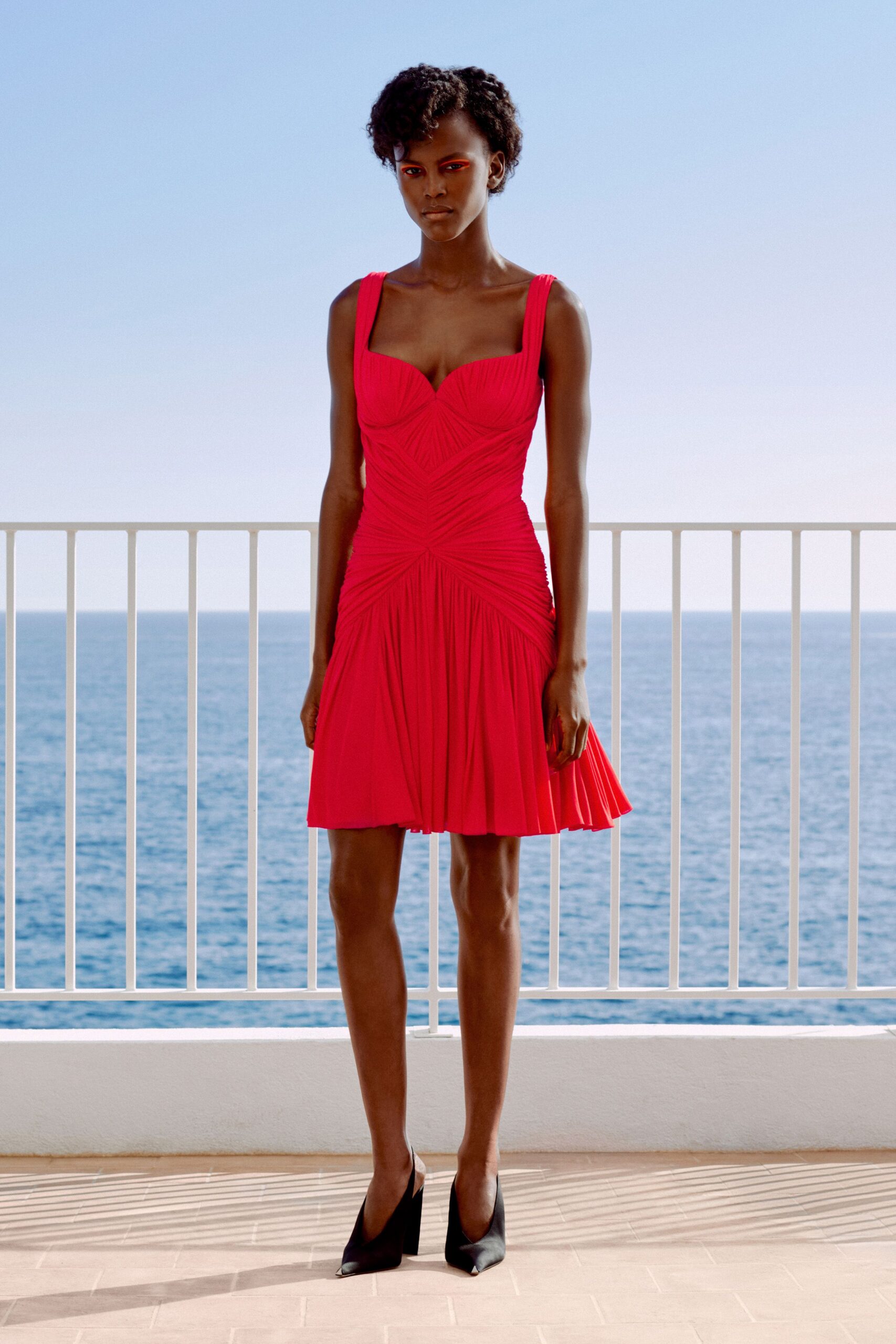 red ruched pleated mini dress