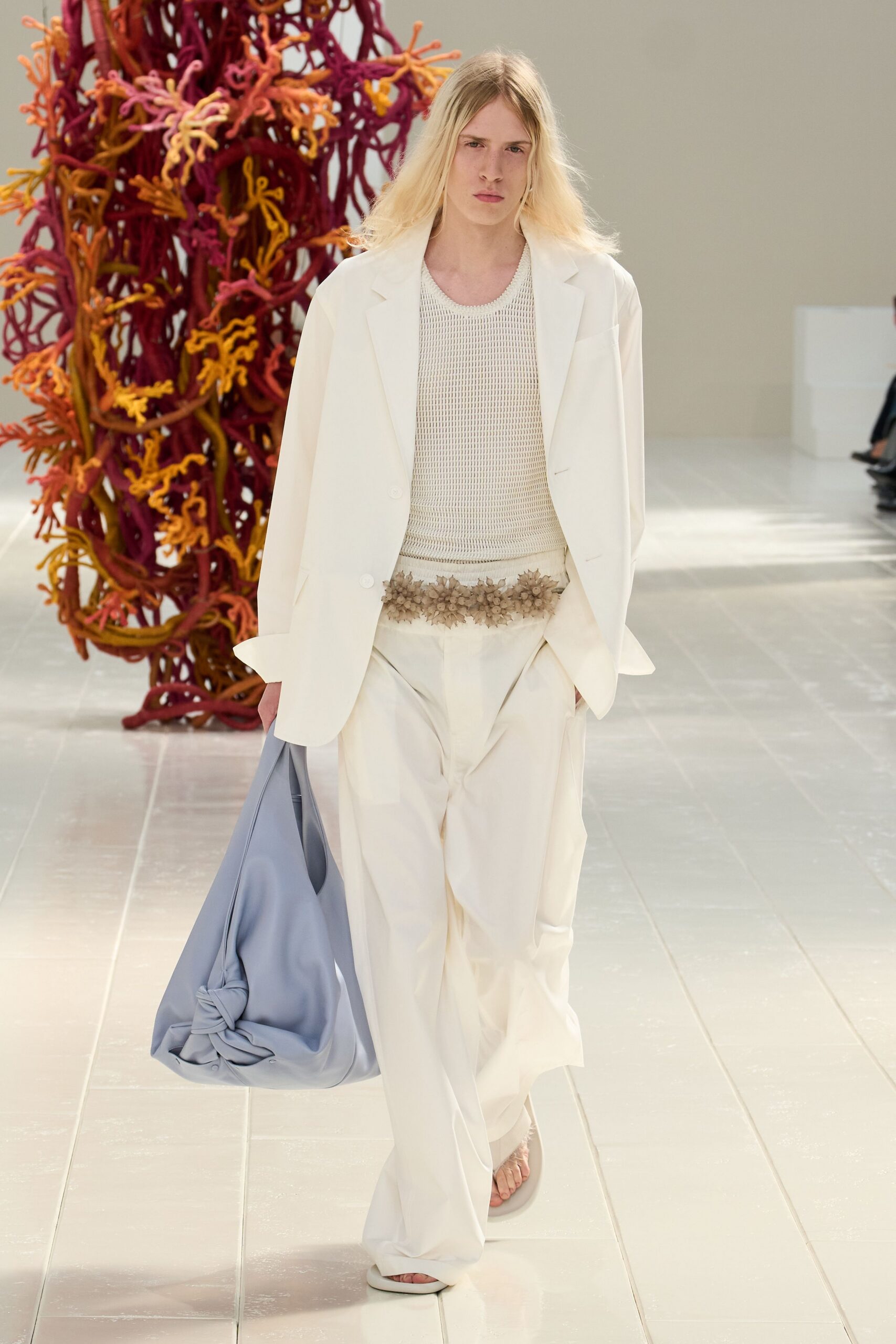 oversized ivory blazer with draped trousers