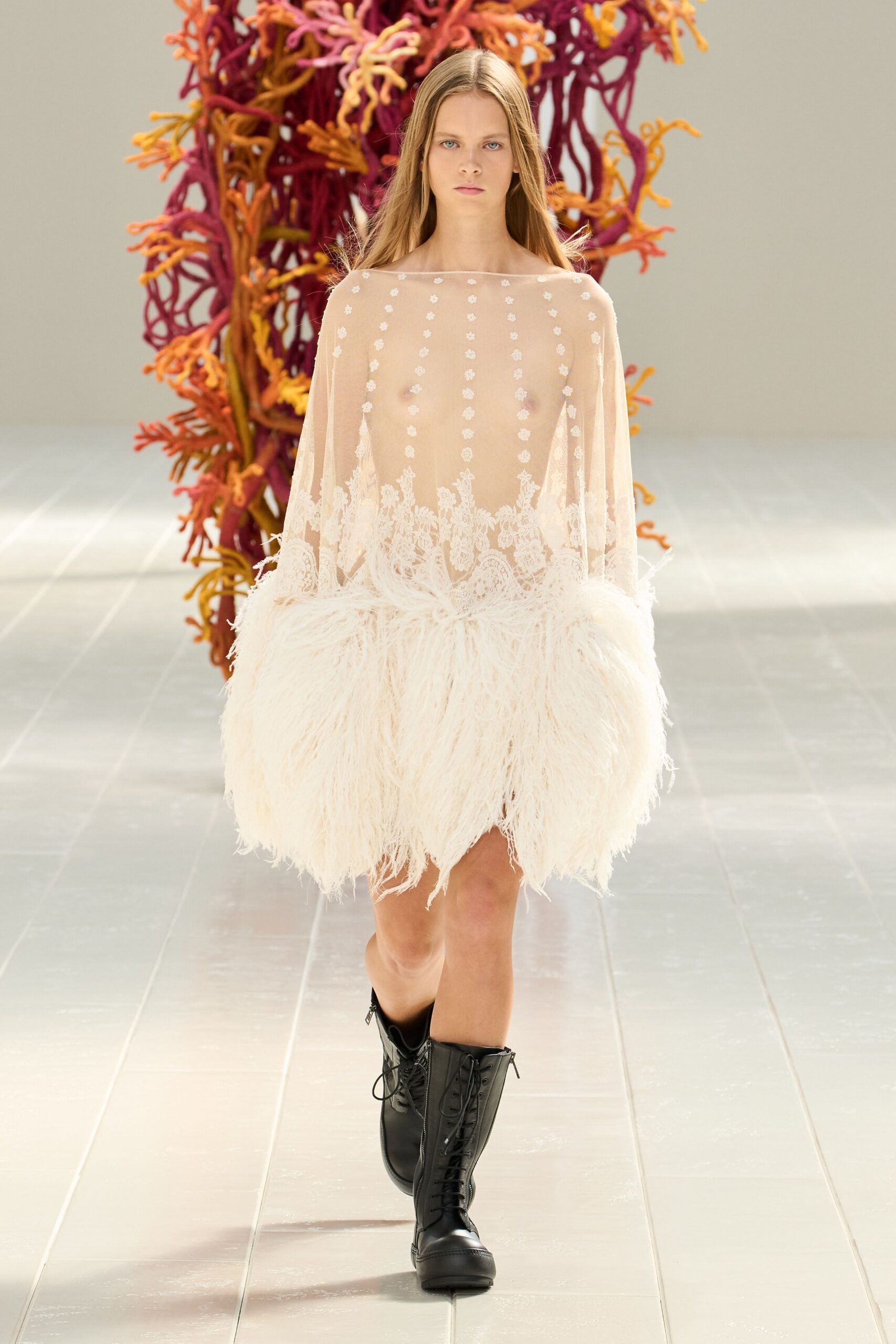 sheer feather-hem mini dress
