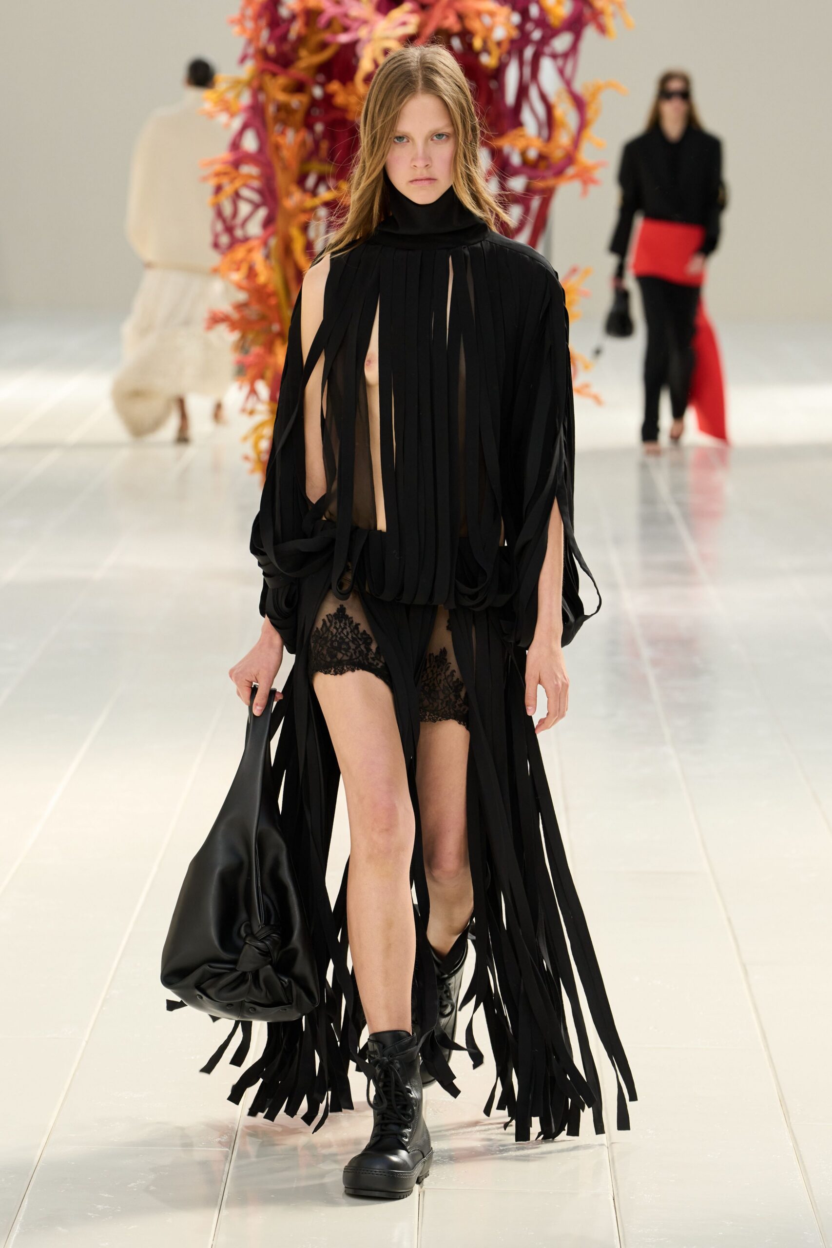 black long-sleeve turtleneck fringed layered flowing maxi dress